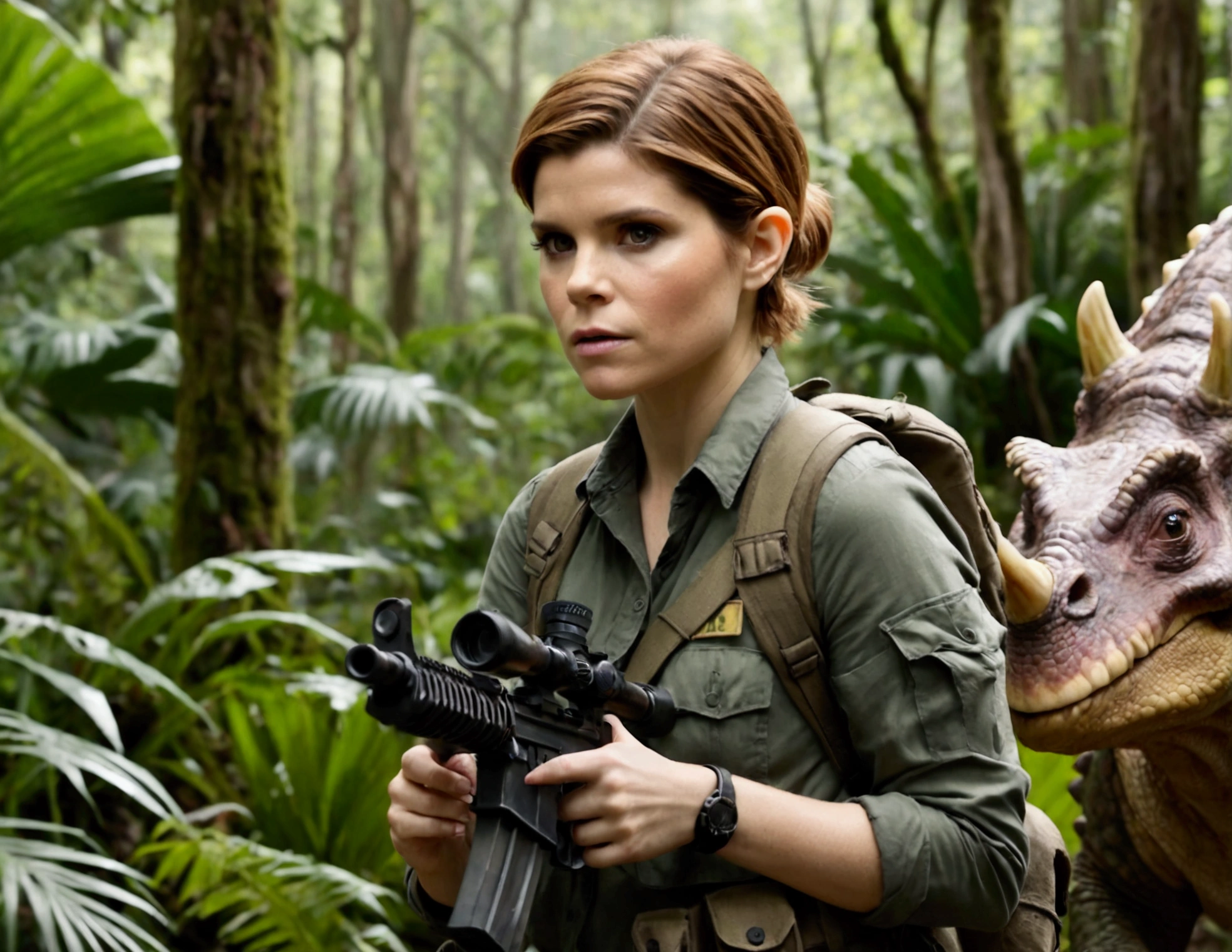 Kate Mara, age 25, rifle in hand, dressed in jungle adventure gear, is stalking a wild Donut triceratops in the forest
