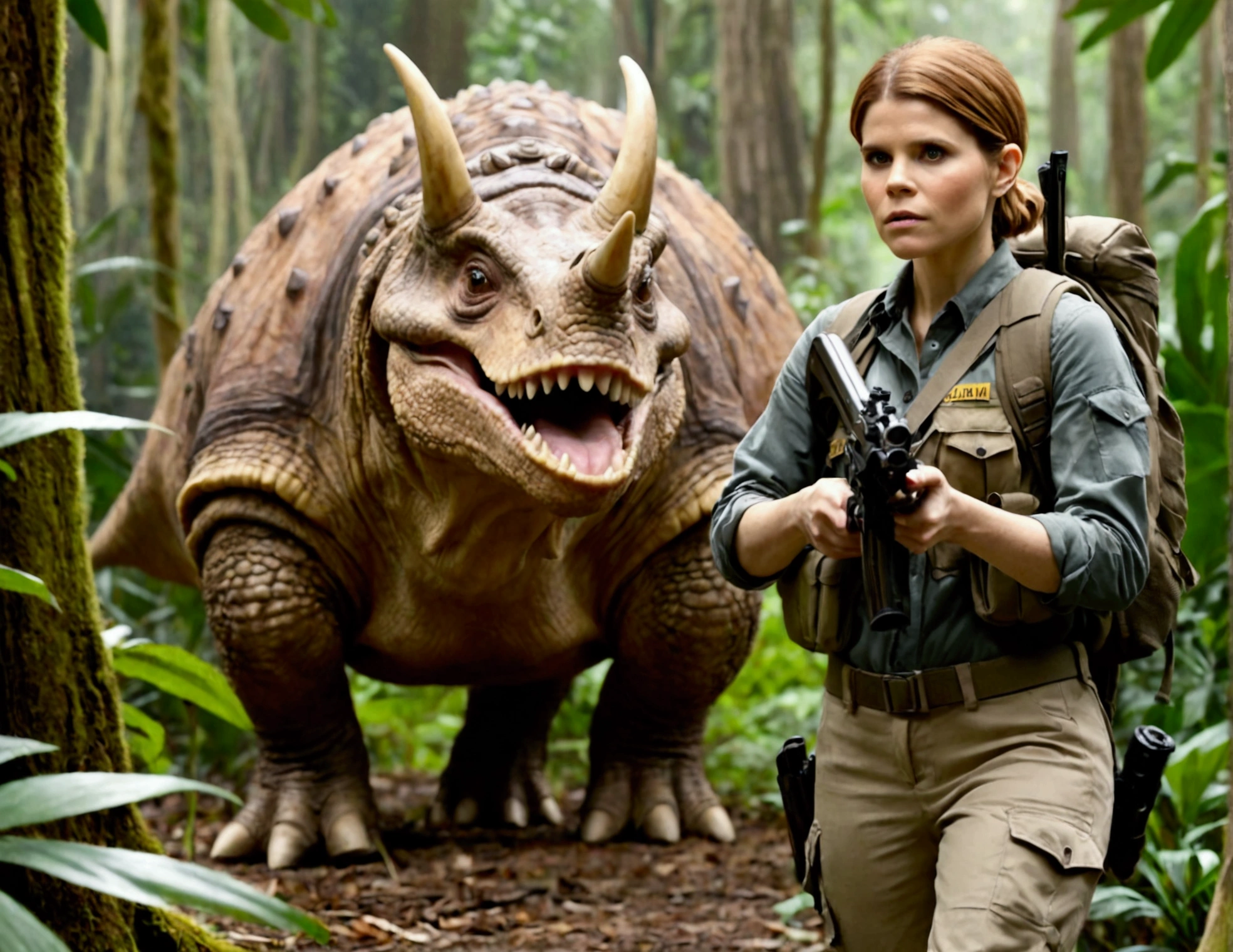 Kate Mara, age 25, rifle in hand, dressed in jungle adventure gear, is stalking a wild Donut triceratops in the forest