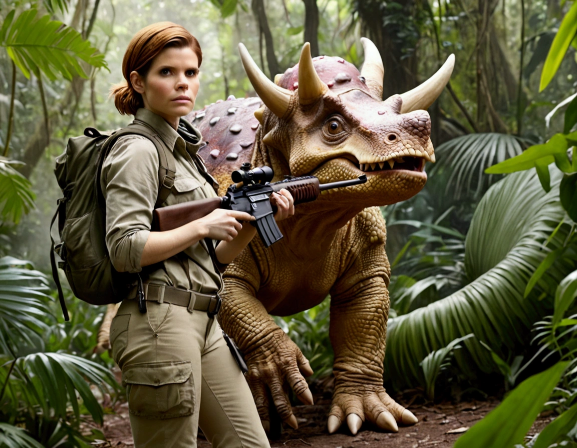 Kate Mara, age 25, rifle in hand, dressed in jungle adventure gear, is stalking a wild Donut triceratops in the forest