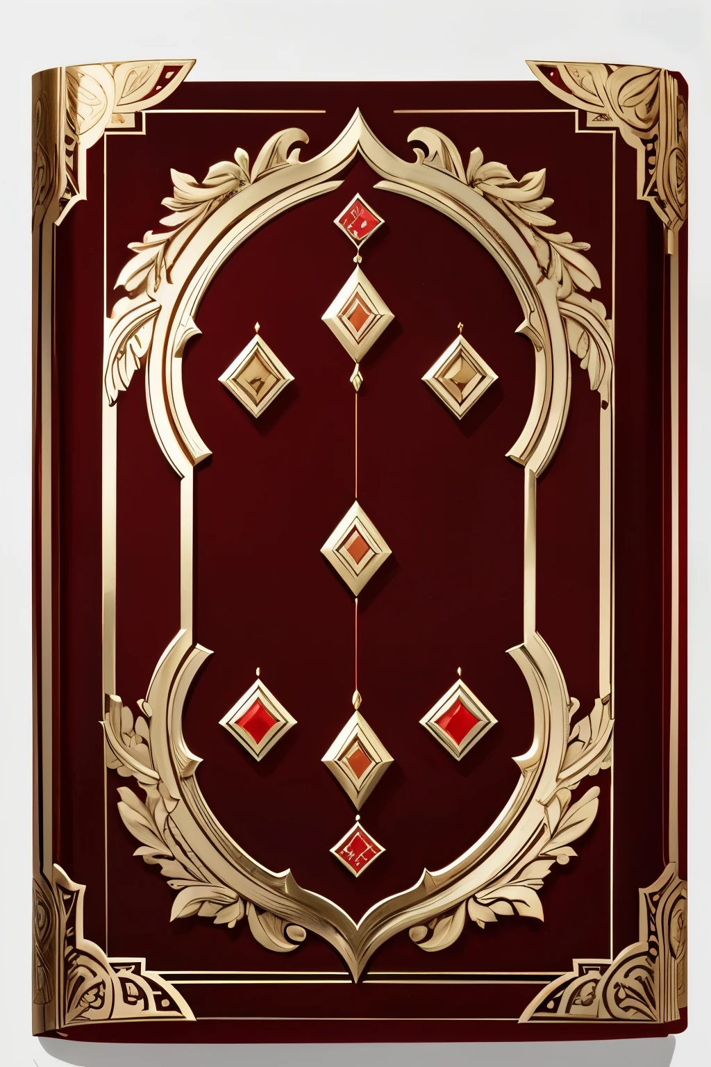 A book with a red and white cover, with gold details, slightly golden writing in an incomprehensible language , a red jewel in the center