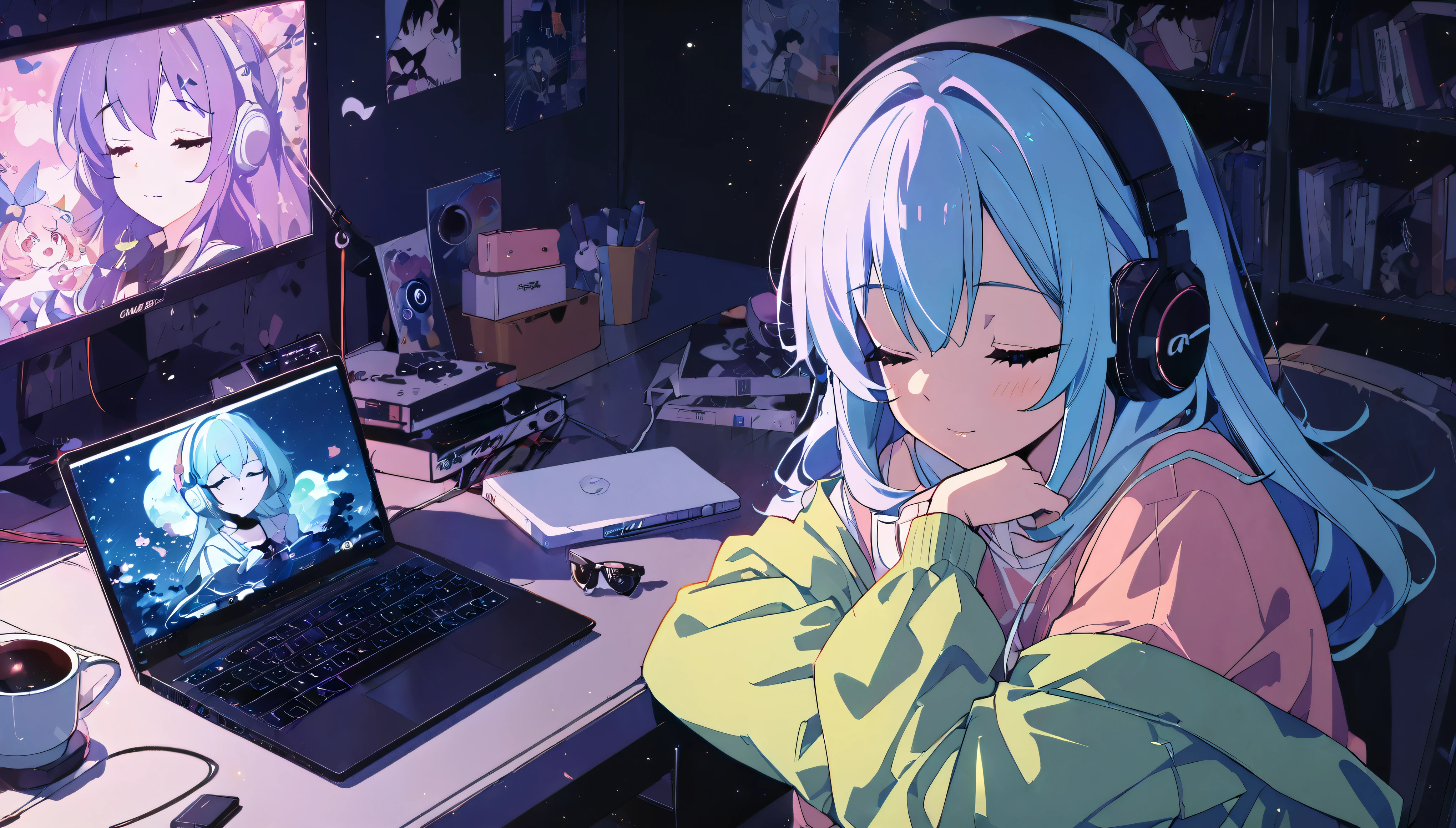 Anime girl sleeping on a desk with a laptop, Nightcore, listening to music at 2 am, Lo-fi art style, LOFI Girl, Anime Style 4k, Anime Aesthetics, Anime atmosphere, anime art wallpaper 4k, anime art wallpaper 4k, Lo-fi feeling, relaxed mood, Gweiz-style artwork, Portrait of Rofi
