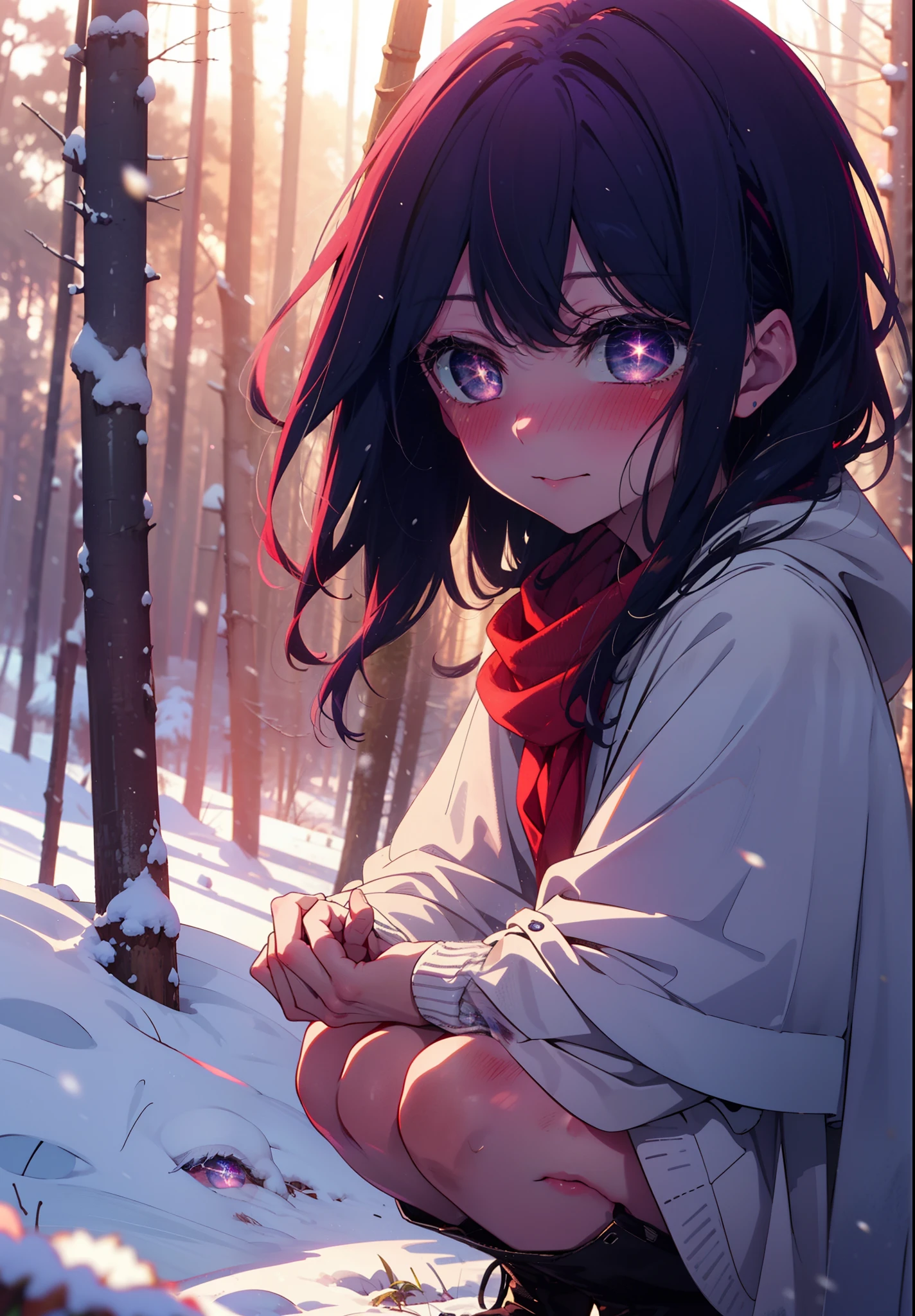 aihoshino, Ai Hoshino, Long Hair, bangs, (Purple eyes:1.1), Purple Hair, (Symbol-shaped pupil:1.5), smile,,smile,blush,white breath,
Open your mouth,snow,Ground bonfire, Outdoor, boots, snowing, From the side, wood, suitcase, Cape, Blurred, , forest, White handbag, nature, Squat, Mouth closed, Cape, winter, Written boundary depth, Black shoes, red Cape break looking at viewer, Upper Body, whole body, break Outdoor, forest, nature, break (masterpiece:1.2), Highest quality, High resolution, unity 8k wallpaper, (shape:0.8), (Beautiful and beautiful eyes:1.6), Highly detailed face, Perfect lighting, Extremely detailed CG, (Perfect hands, Perfect Anatomy),