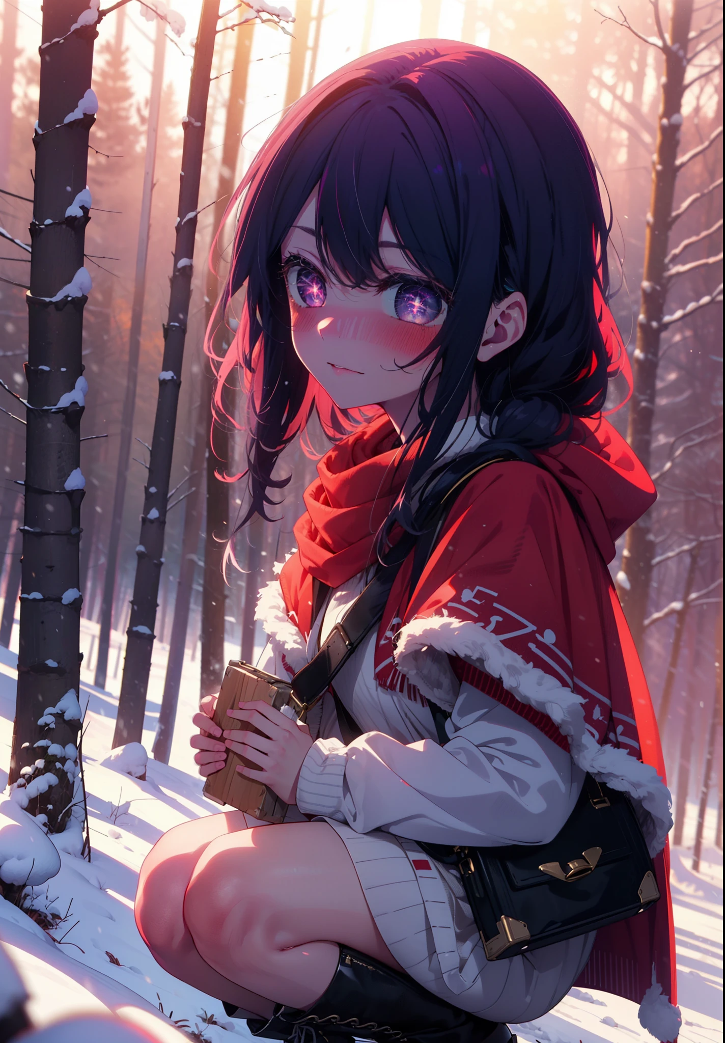 aihoshino, Ai Hoshino, Long Hair, bangs, (Purple eyes:1.1), Purple Hair, (Symbol-shaped pupil:1.5), smile,,smile,blush,white breath,
Open your mouth,snow,Ground bonfire, Outdoor, boots, snowing, From the side, wood, suitcase, Cape, Blurred, , forest, White handbag, nature, Squat, Mouth closed, Cape, winter, Written boundary depth, Black shoes, red Cape break looking at viewer, Upper Body, whole body, break Outdoor, forest, nature, break (masterpiece:1.2), Highest quality, High resolution, unity 8k wallpaper, (shape:0.8), (Beautiful and beautiful eyes:1.6), Highly detailed face, Perfect lighting, Extremely detailed CG, (Perfect hands, Perfect Anatomy),