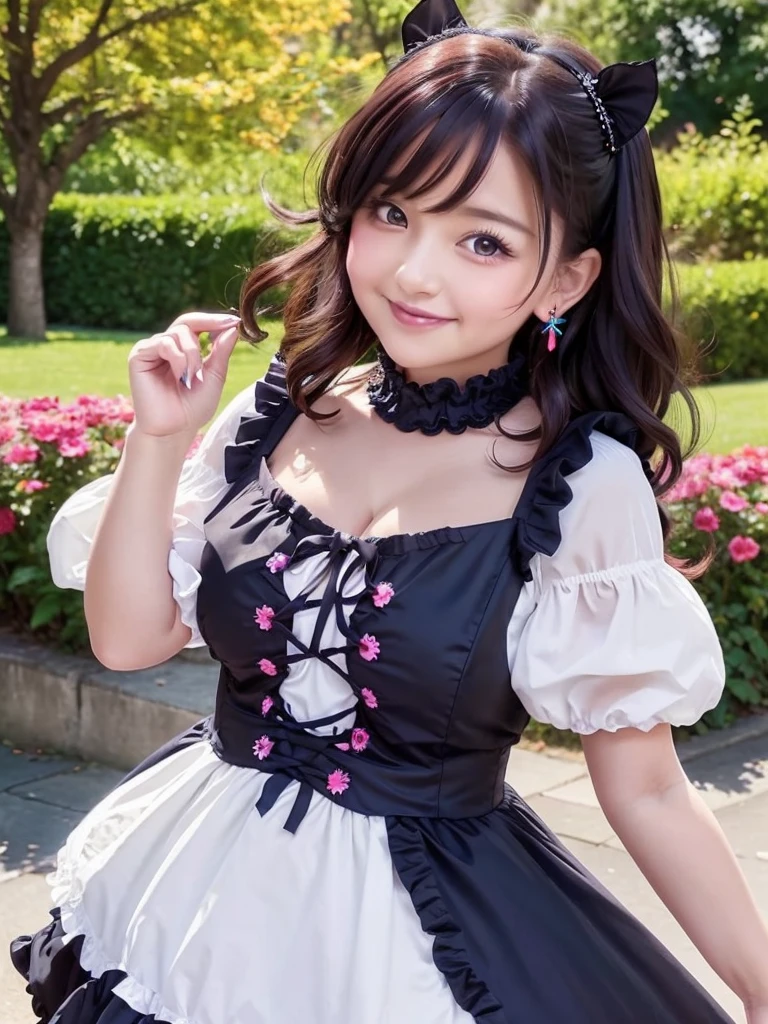 A beautiful and hot almost chubby mature woman.who is wearing a patterned short dress and is and standing in the park. A smiling face、Sexy woman、A radiant smile、adorable、race、Frills、Colorful design、Full-length mirror、An inviting gaze、Gorgeous long and beautiful hairstyle、variation Hairstyle、Open neck blouse、Flower Garden、Sparkling、elegant princess、Smooth Hair、An inviting gaze、Charming、Too cute、smile, Hair blowing in the wind, Decorative art, (((Colorful Gothic Lolita Fashion)))
