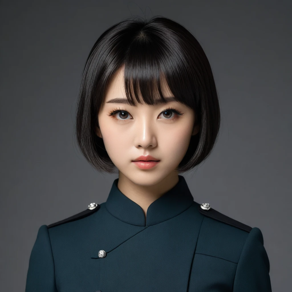 8k, Ultra-high resolution, Highest quality, masterpiece, 三分割法によるphotograph,Surreal, photograph, 1 Girl, (:1.3), pretty girl, Cute Face, Beautiful eyes in every detail, 細かくdetailedに,masterpiece,One Girl:1.2,Japanese female officer,Superior non-commissioned officer,extream close up,Serious expression,Black short hair,Bob with bangs, (The finest ceremonial attire:1.3),Pencil Skirt,Sharp contours,Looking down,Gray background, Light from above, Low contrast, (Side view),Perfect and beautiful face ,完璧でCute Face, Skin with attention to detail, Perfect limbs、Narrow waist,Looking at the audience,(((Ideal body type))),A cup small breasts :2,Portraiture:2,Perfect Anatomy,鮮明なdetailed,detailed,Surreal,Light and shadow,glowing