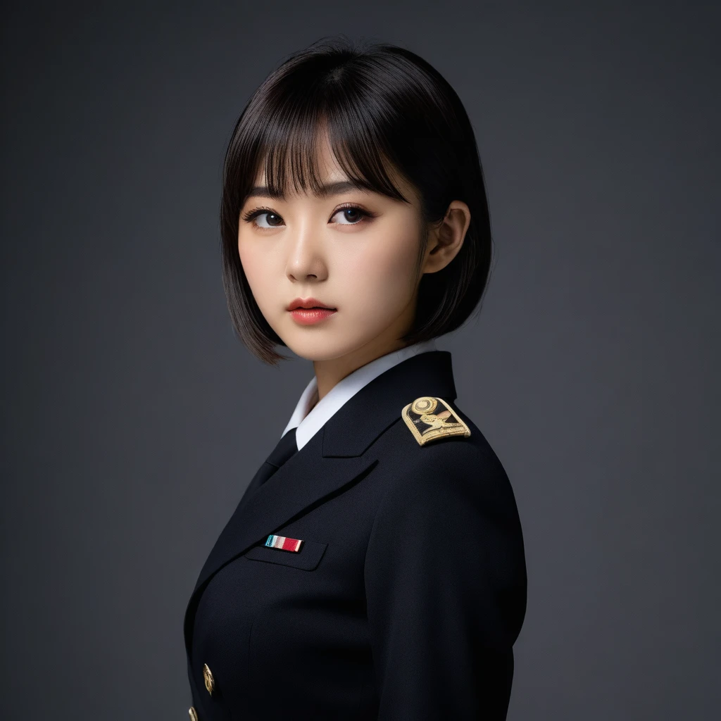 8k, Ultra-high resolution, Highest quality, masterpiece, 三分割法によるphotograph,Surreal, photograph, 1 Girl, (:1.3), pretty girl, Cute Face, Beautiful eyes in every detail, 細かくdetailedに,masterpiece,One Girl:1.2,Japanese female officer,Superior non-commissioned officer,extream close up,Serious expression,Black short hair,Bob with bangs, (The finest ceremonial attire:1.3),Pencil Skirt,Sharp contours,Looking down,Gray background, Light from above, Low contrast, (Side view),Perfect and beautiful face ,完璧でCute Face, Skin with attention to detail, Perfect limbs、Narrow waist,Looking at the audience,(((Ideal body type))),A cup small breasts :2,Portraiture:2,Perfect Anatomy,鮮明なdetailed,detailed,Surreal,Light and shadow,glowing