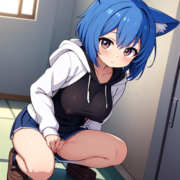 anime girl with blue hair, anime moe artstyle, rogue anime girl ayanami rei, 2 d anime style, Kantai Collection Style, the anime girl is crouching, beautiful anime girl squatting, peeing wet , incontinence, Wearing a jacket with a hoodie, Wearing a hoodie with animal ears and eyes, wet and moist crotch, Well good, no pantyck pantyhose thighs visible, Panty shot, 1 gblue short bob cut hair, dark brown eyes, lively, cheerful innocent, too large big emphasized breasts that show a skin, boyish, cute, sporty, breasts that seem to stick en-chested showing off cleavage sexy clothes, risqué cloto short mskirt, high beams, large erect nipples that can be seen through the cl, The esn't have animal ears, The girl has human ears, not animal ears.