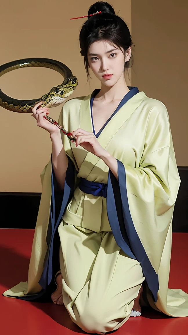 (masterpiece), best quality, Expressive eyes, Perfect face, HD, Benissato, Meinoichi, Snake tattoo, She is a tall and mature woman.，fit，Curved，Long legs，Long arms, Even though she is a ninja herself, Benissato has the appearance of a beautiful and seductive geisha, She has porcelain skin.，Her long black hair was tied into a bun with a hairpin and a traditional comb.。, Benissato is covered in serpent tattoos that come alive when she uses her powers and will usually appear naked during a battle to throw off her male victims, She is wearing a traditional Japanese geisha robe, whole body, Pants, Long sleeve, Vest, sandals, kimono, dividend, Snake Paranormal 