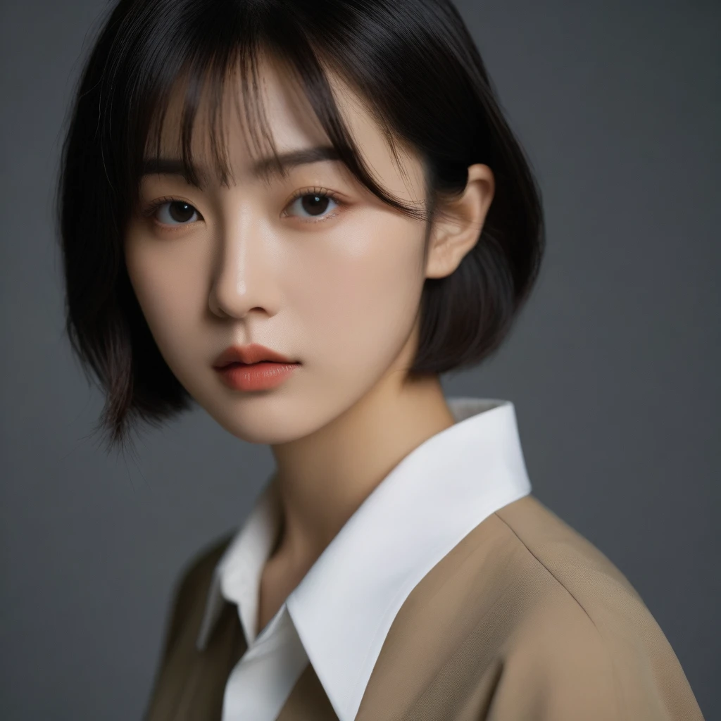 8k, Ultra-high resolution, Highest quality, masterpiece, 三分割法によるphotograph,Surreal, photograph, 1 Girl, (16 years old:1.3), pretty girl, Cute Face, Beautiful eyes in every detail, 細かくdetailedに,masterpiece,One Girl:1.2,Japanese female officer,Superior non-commissioned officer,extream close up,Serious expression,Black short hair,Bob with bangs, (The finest ceremonial attire:1.3),Pencil Skirt,Sharp contours,Looking down,Gray background, Light from above, Low contrast, (Side view),Perfect and beautiful face ,完璧でCute Face, Skin with attention to detail, Perfect limbs、Narrow waist,Looking at the audience,(((Ideal body type))),A cup small breasts :2,Portraiture:2,Perfect Anatomy,鮮明なdetailed,detailed,Surreal,Light and shadow,glowing