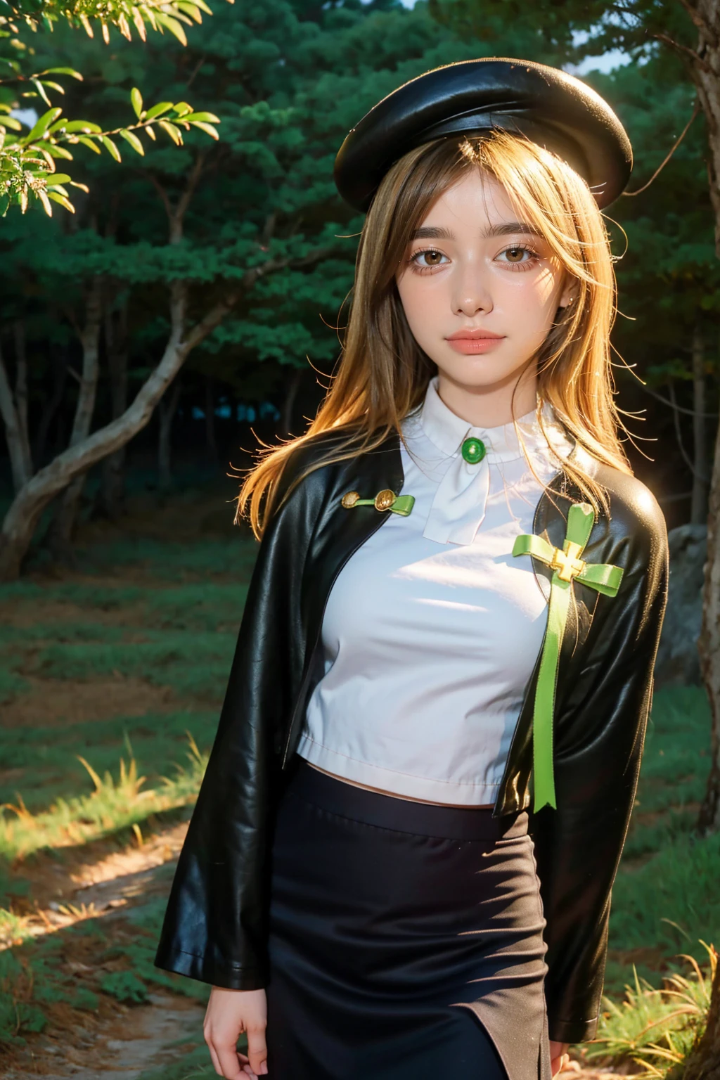 1 girl, best quality, ((Miyo)), tarankaaa, perfect face, NOT Dasha Taran, beautiful smile, 30 years old, ((ascot,uniform, black skirt, cross, ribbon, gold blonde hair, emerald, beret, cape, pantyhose)), ((perfectly drawn hands)), perfect body, bare tree, bush, fog, forest, grass, nature, outdoors, plant, scenery, solo, standing, tree, 32k photograph, ((perfect eyes, detailed eyes,realistic eyes)), ((sharp face, detailed face, realistic face, natural skin, realistic skin, detailed skin, pores)), full body, tone mapping, asian-european, ((masterpiece)), ((highres)), ((detailed background)), japanese village background, night, big proportions, (abdomen is covered)