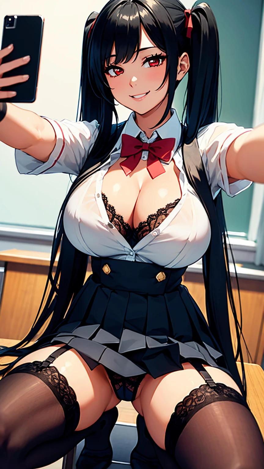woman, student, sexy body, curvy body, big breasts, cleavage, red eyes, long straight black hair, ((twintail hairstyle)), big hip, ((stockings, garter belts, student uniform, school-uniform)), smiling, beautiful face, detailed face, very detailed, beautiful eyes, full body, full body shot, high quality, detailed background, high resolution, 8k resolution, ultra high detail, (taking a selfie), alone,
