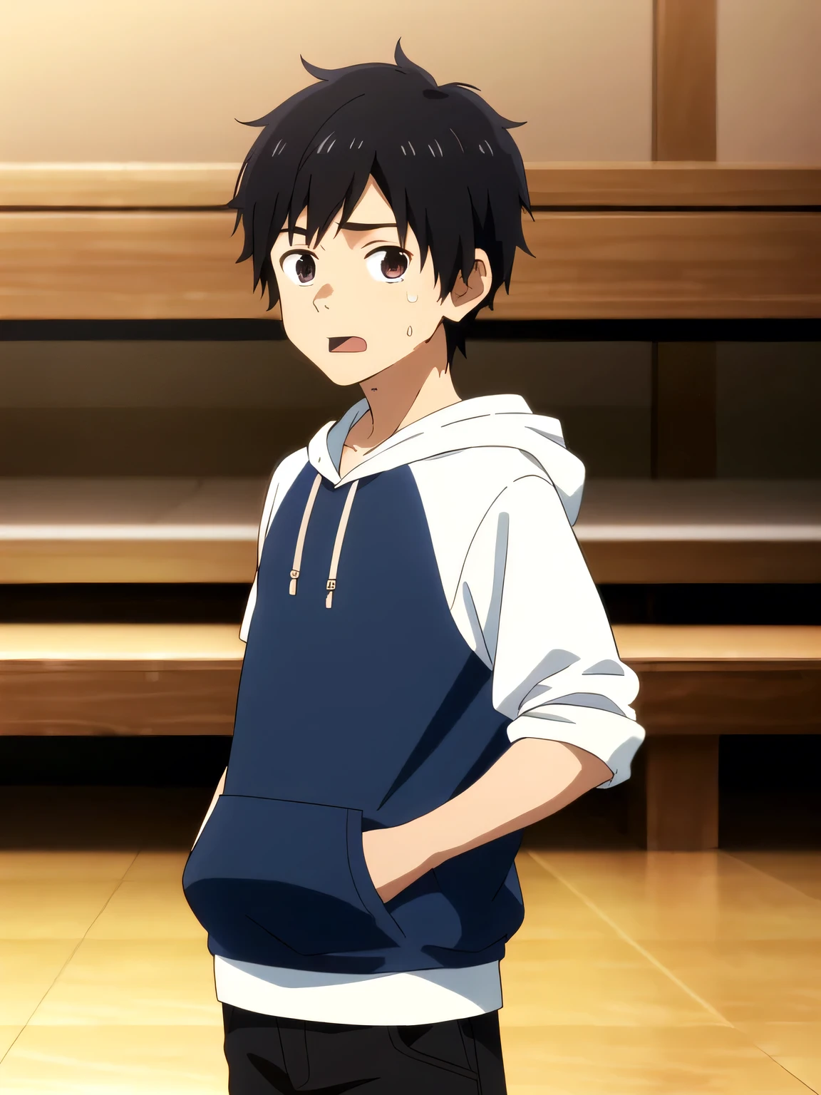 Highres, Masterpiece, Best quality at best,Best Quality,hight quality, hight detailed, 1boy, Boy,Straight hair, Side bangs, Shota, Sweat, Black hoodie, Glove, Depth of field, Anime screencap style, thin line, Sticking out tongue, Seen from the front, Cute boy, (hands in pocket), (very small and short stature), ( young boy), 16-year-old boys, Blurry and simple beckground, bokeh, Uhd cinematic, detailed, atmospheric, 8k, corona render