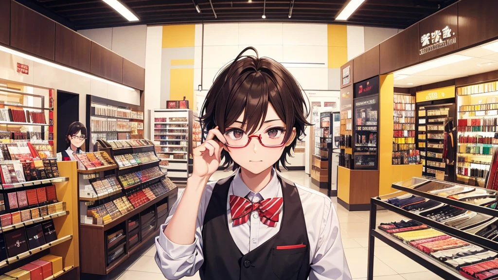 I will design a YouTube thumbnail image featuring an eyeglass store clerk, inspired by 'Daisuke Sakuma' or 'Masaki Suda'. He sports square black-rimmed glasses, has brown eyes, and vibrant reddish-brown hair, with a range of expressions. The jawline is rounded, and the illustration will cover his entire face and upper body. The background beautifully showcases vibrant and stylish glasses in a brightly lit eyeglass store.