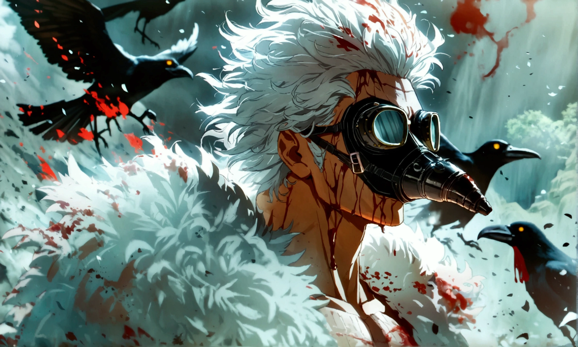 Man, muscular, white dreadlocks in his hair, frightening look, loose white pants, wearing wolf skin, gas mask, black smoke around him, crows around him, blood all over his body, "Anime character design inspired by One Piece, full of dramatic and impressive lighting, focus on the centralized character, impressive face, full of creative details, ultra-fine 4K design, scenery bathed in creativity, boasting 2D anime resolution clarity, HD anime graphics, high-octane rendering"