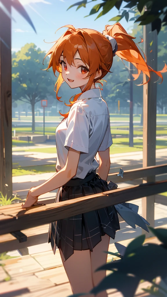 16-year-old girl、Orange Hair、ponytail、Beautiful red eyes、Small breasts、From the back、smile、white blouse shirt、Checked skirt、wood々Under the bright sunlight shining through、Sharp contours