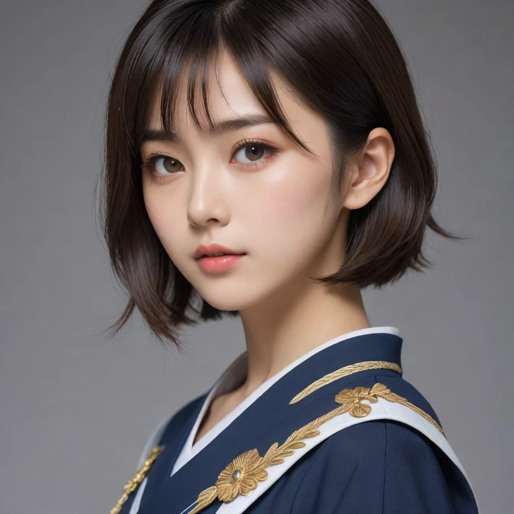 8k, Ultra-high resolution, Highest quality, masterpiece, 三分割法によるphotograph,Surreal, photograph, 1 Girl, (:1.3), pretty girl, Cute Face, Beautiful eyes in every detail, 細かくdetailedに,masterpiece,One Girl:1.2,Japanese female officer,Superior non-commissioned officer,extream close up,Serious expression,Black short hair,Bob with bangs, (The finest ceremonial attire:1.3),Pencil Skirt,Sharp contours,Looking down,Gray background, Light from above, Low contrast, (Side view),Perfect and beautiful face ,完璧でCute Face, Skin with attention to detail, Perfect limbs、Narrow waist,Looking at the audience,(((Ideal body type))),A cup small breasts :2,Portraiture:2,Perfect Anatomy,鮮明なdetailed,detailed,Surreal,Light and shadow,glowing