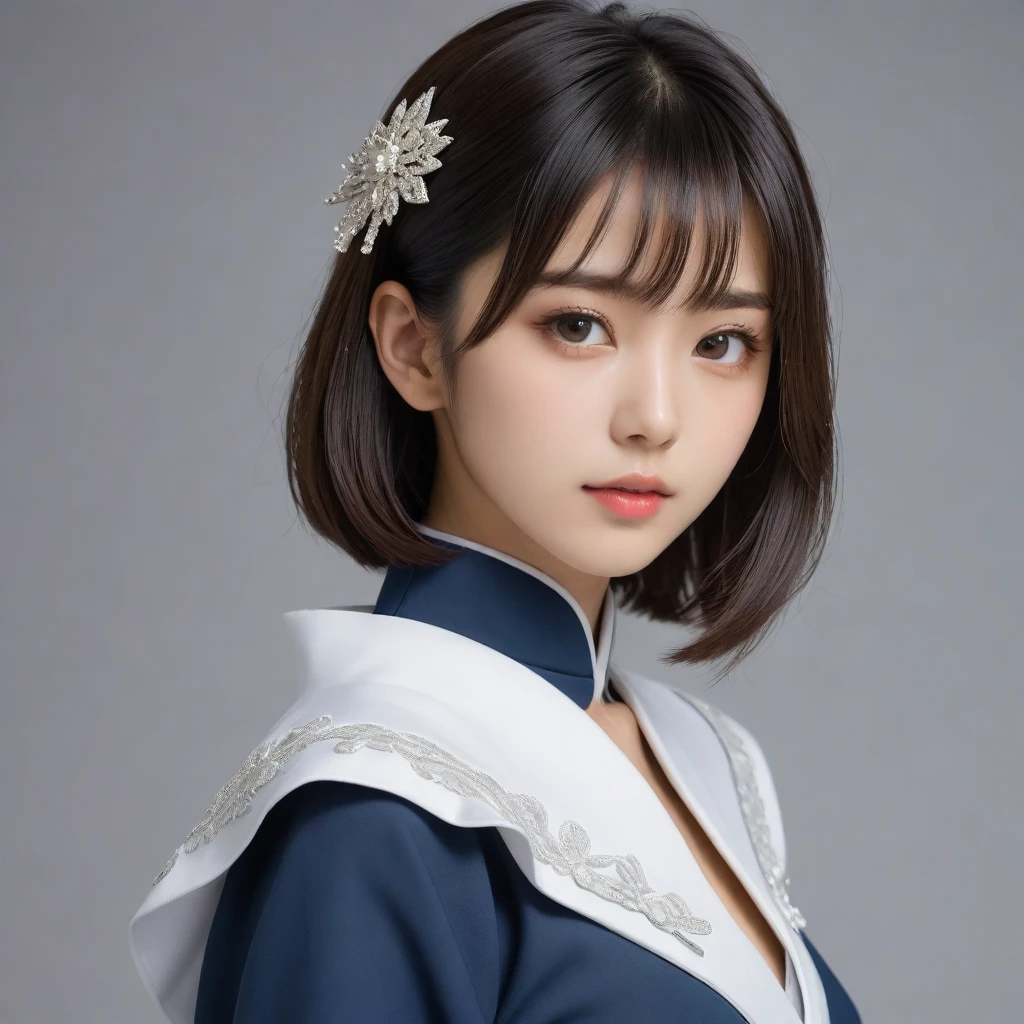 8k, Ultra-high resolution, Highest quality, masterpiece, 三分割法によるphotograph,Surreal, photograph, 1 Girl, (16 years old:1.3), pretty girl, Cute Face, Beautiful eyes in every detail, 細かくdetailedに,masterpiece,One Girl:1.2,Japanese female officer,Superior non-commissioned officer,extream close up,Serious expression,Black short hair,Bob with bangs, (The finest ceremonial attire:1.3),Pencil Skirt,Sharp contours,Looking down,Gray background, Light from above, Low contrast, (Side view),Perfect and beautiful face ,完璧でCute Face, Skin with attention to detail, Perfect limbs、Narrow waist,Looking at the audience,(((Ideal body type))),A cup small breasts :2,Portraiture:2,Perfect ,鮮明なdetailed,detailed,Surreal,Light and shadow,glowing