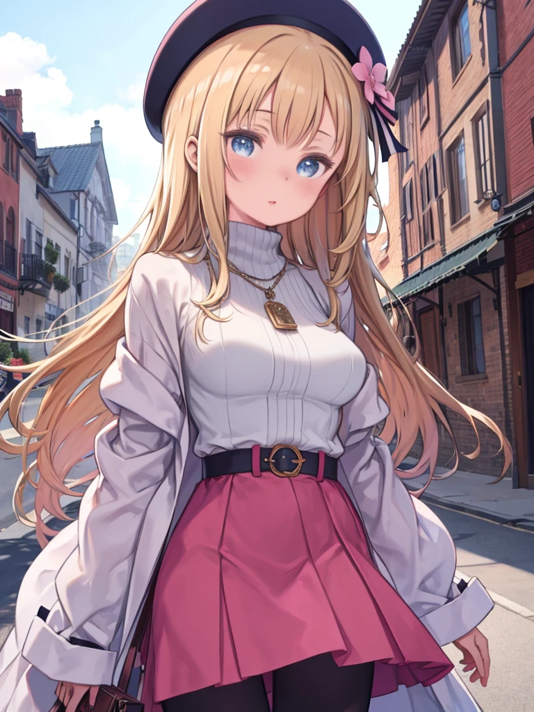 Highest quality, (masterpiece:1.2), figure, Absurd, , (One girl), (alone), (Beautiful detailed girl), (Upper Body, Portraiture), Agnes Claudel, Blonde, Long Hair, blue eyes, Large Breasts, hair ornaments, beret, White coat, (pink turtleneck dress:1.1), necklace, belt, Pink Skirt, pantyhose, Brown boots, Thigh-high boots, View your viewers, Happy Park, null, cloud, wood, building,