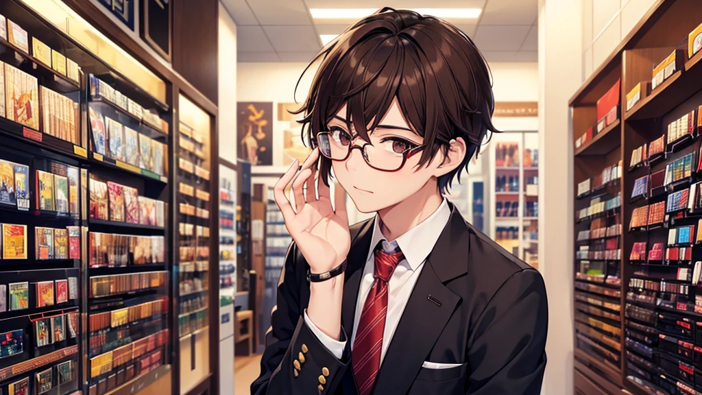 I will design a YouTube thumbnail image featuring an eyeglass store clerk, inspired by 'Daisuke Sakuma' or 'Masaki Suda'. He sports square black-rimmed glasses, has brown eyes, and vibrant reddish-brown hair, with a range of expressions. The jawline is rounded, and the illustration will cover his entire face and upper body. The background beautifully showcases vibrant and stylish glasses in a brightly lit eyeglass store.