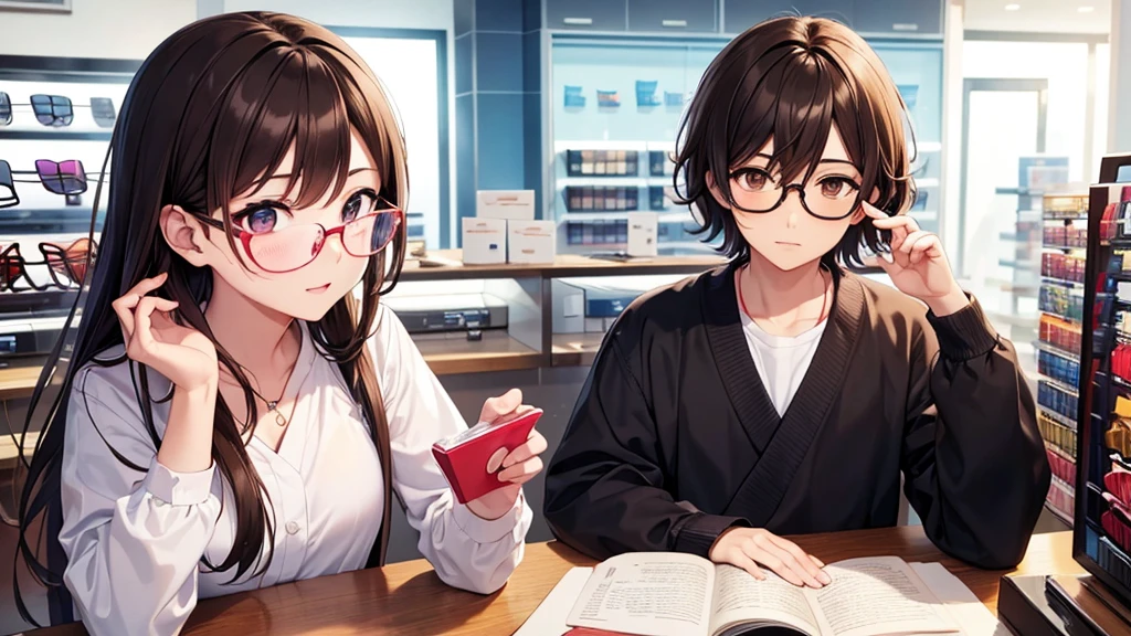 I will design a YouTube thumbnail image featuring an eyeglass store clerk, inspired by 'Daisuke Sakuma' or 'Masaki Suda'. He sports square black-rimmed glasses, has brown eyes, and vibrant reddish-brown hair, with a range of expressions. The jawline is rounded, and the illustration will cover his entire face and upper body. The background beautifully showcases vibrant and stylish glasses in a brightly lit eyeglass store.