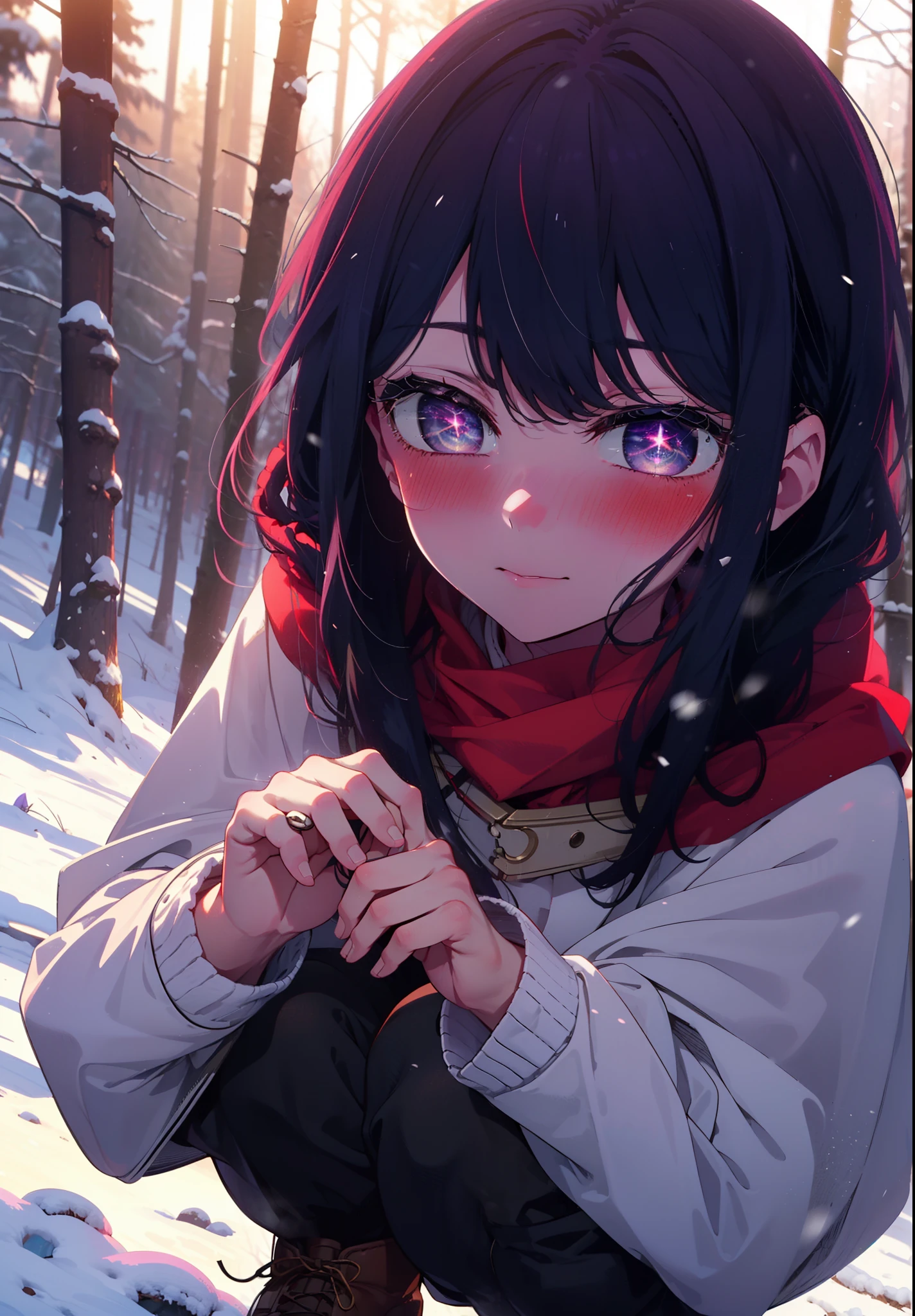 aihoshino, Ai Hoshino, Long Hair, bangs, (Purple eyes:1.1), Purple Hair, (Symbol-shaped pupil:1.5), smile,,smile,blush,white breath,
Open your mouth,snow,Ground bonfire, Outdoor, boots, snowing, From the side, wood, suitcase, Cape, Blurred, , forest, White handbag, nature, Squat, Mouth closed, Cape, winter, Written boundary depth, Black shoes, red Cape break looking at viewer, Upper Body, whole body, break Outdoor, forest, nature, break (masterpiece:1.2), Highest quality, High resolution, unity 8k wallpaper, (shape:0.8), (Beautiful and beautiful eyes:1.6), Highly detailed face, Perfect lighting, Extremely detailed CG, (Perfect hands, Perfect Anatomy),
