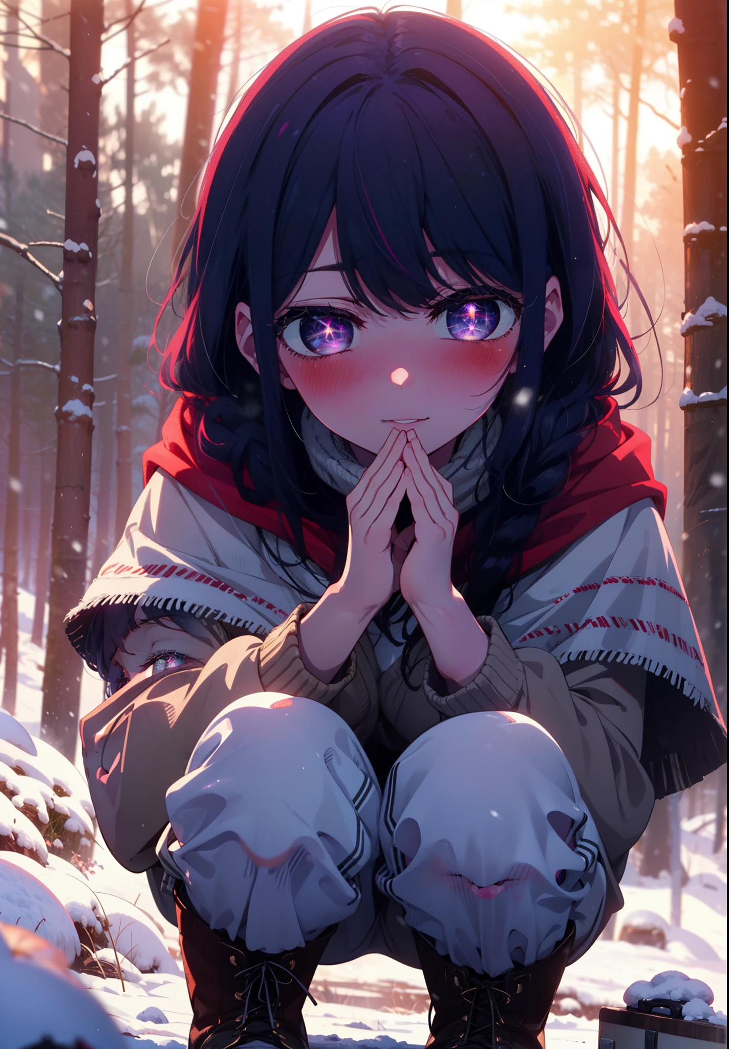 aihoshino, Ai Hoshino, Long Hair, bangs, (Purple eyes:1.1), Purple Hair, (Symbol-shaped pupil:1.5), smile,,smile,blush,white breath,
Open your mouth,snow,Ground bonfire, Outdoor, boots, snowing, From the side, wood, suitcase, Cape, Blurred, , forest, White handbag, nature,  Squat, Mouth closed, Cape, winter, Written boundary depth, Black shoes, red Cape break looking at viewer, Upper Body, whole body, break Outdoor, forest, nature, break (masterpiece:1.2), Highest quality, High resolution, unity 8k wallpaper, (shape:0.8), (Beautiful and beautiful eyes:1.6), Highly detailed face, Perfect lighting, Extremely detailed CG, (Perfect hands, Perfect Anatomy),