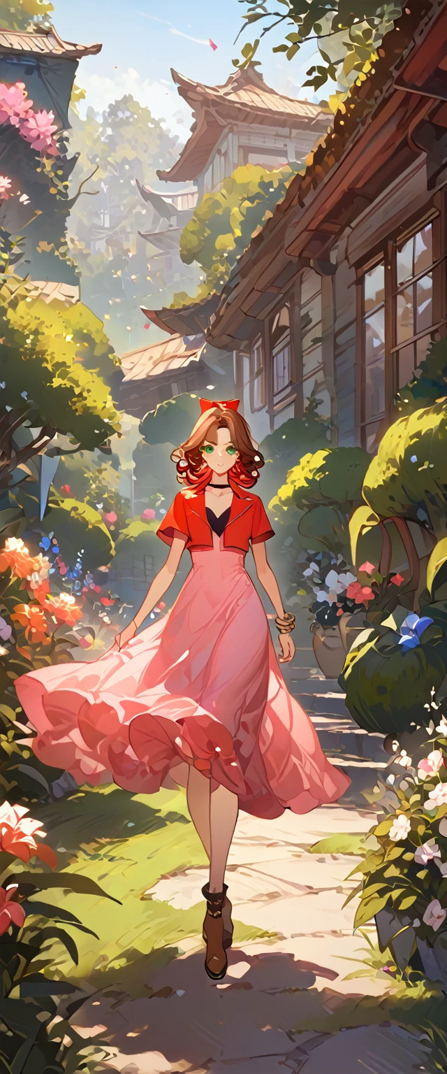 masterpiece, best quality, 8k, 4k, 1girl, aerith gainsborough, brown hair, high middle bang, longer side curly bang, long tight curly ponytail, green eyes, red hair ribbon, red bolero jacket, short sleeve jacket, cropped jacket, black tie choker, long pink straight dress, brown boots, bangles, walking in a garden, flowers, detailed background,, inspired by Asukaziye artist : ask, art style : ask