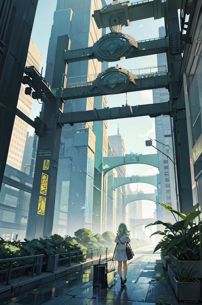 Summer city white clouds sunshine green trees flowers pier wide shopping mall sunny oriental elements cyberpunk skyscraper roof ship river crane