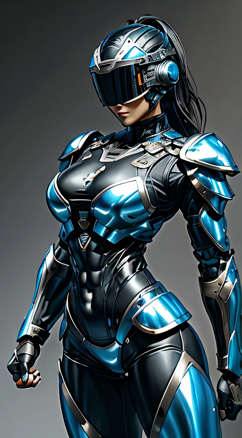 Female Robocop Solo、Bright outdoors、strong light source、8k, high quality, masterpiece, 最high quality, Crisp contrast、Very detailed、Full body armor、Very large armor、Helmet covering the head、Clear photos、The eyes are hidden by thin, translucent straight goggles.:1.3、The lower half of the face is raw々Shii:1.5、The lower half of the face is exposed、Seductive lips、Light blue and black metallic armor、Black accent color、Armor that completely covers the chest、Long, slender legs、Vibrant Posselo Body View,Big and ample breasts:1.5, (Sports Body:1.5)、Five Fingers、Hold a handgun、In the city