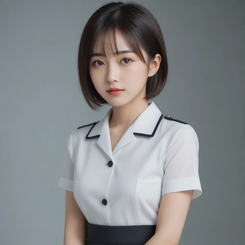 8k, Ultra-high resolution, Highest quality, masterpiece, 三分割法によるphotograph,Surreal, photograph, 1 Girl, (:1.3), pretty girl, Cute Face, Beautiful eyes in every detail, 細かくdetailedに,masterpiece,One Girl:1.2,Japanese female officer,Superior non-commissioned officer,extream close up,Serious expression,Black short hair,Bob with bangs, (The finest ceremonial attire:1.3),Pencil Skirt,Sharp contours,Looking down,Gray background, Light from above, Low contrast, (Side view),Perfect and beautiful face ,完璧でCute Face, Skin with attention to detail, Perfect limbs、Narrow waist,Looking at the audience,(((Ideal body type))),A cup small breasts :2,Portraiture:2,Perfect Anatomy,鮮明なdetailed,detailed,Surreal,Light and shadow,glowing