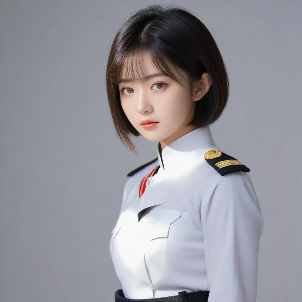 8k, Ultra-high resolution, Highest quality, masterpiece, 三分割法によるphotograph,Surreal, photograph, 1 Girl, (16 years old:1.3), pretty girl, Cute Face, Beautiful eyes in every detail, 細かくdetailedに,masterpiece,One Girl:1.2,Japanese female officer,Superior non-commissioned officer,extream close up,Serious expression,Black short hair,Bob with bangs, (The finest ceremonial attire:1.3),Pencil Skirt,Sharp contours,Looking down,Gray background, Light from above, Low contrast, (Side view),Perfect and beautiful face ,完璧でCute Face, Skin with attention to detail, Perfect limbs、Narrow waist,Looking at the audience,(((Ideal body type))),A cup small breasts :2,Portraiture:2,Perfect Anatomy,鮮明なdetailed,detailed,Surreal,Light and shadow,glowing