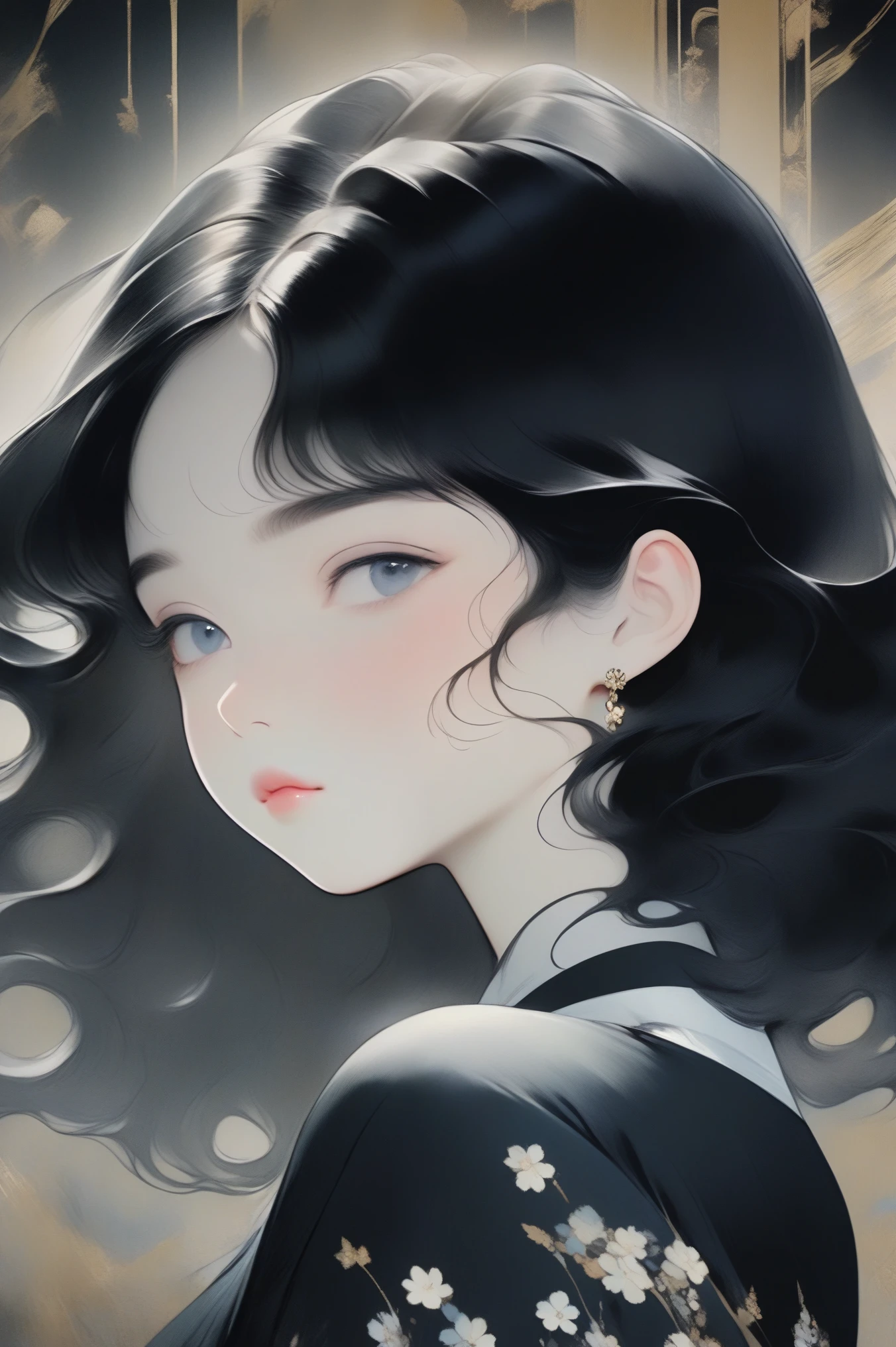 (best quality:1.2),ilustrador,Japanese cartoons,1 girl, Delicate lips, Black skirt (Background dark solid color), Black Hair,Texture cropping, masterpiece, The style is vintage, Deep Black, Art, 