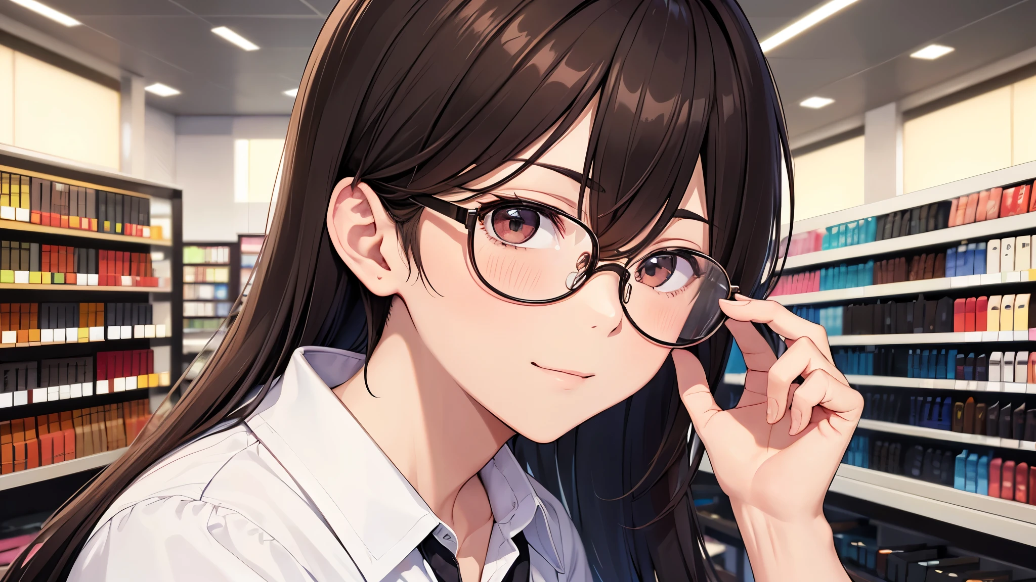 I will design a YouTube thumbnail image featuring an eyeglass store clerk, inspired by 'Daisuke Sakuma' or 'Masaki Suda'. He sports square black-rimmed glasses, has brown eyes, and vibrant reddish-brown hair, with a range of expressions. The jawline is rounded, and the illustration will cover his entire face and upper body. The background beautifully showcases vibrant and stylish glasses in a brightly lit eyeglass store.