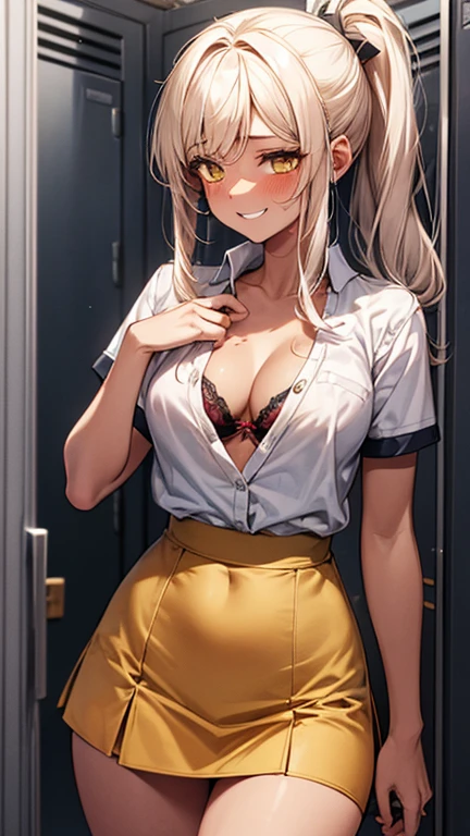 Brown Skin(masterpiece,:1.2,Highest quality),(1 Female,solo,Upper Body:1.2),clothing:((Schoolgirl uniform)),Very short frill skirt、White short sleeve blouse,Slightly see-through sexy lingerie,accessories:Illumination,Natural,Glowing Skin,Brown skin behavior:Embarrassment blush,A place of big smiles:locker room,Brownish yellow eyes,Perfect small breasts,Cleavage,Long white hair,ponytail,Brown Skin, Very thin waist,Absolute area,Perfect Thighs,Thigh Gap,Liquid dripping down thighs, Very long side-swept bangs,