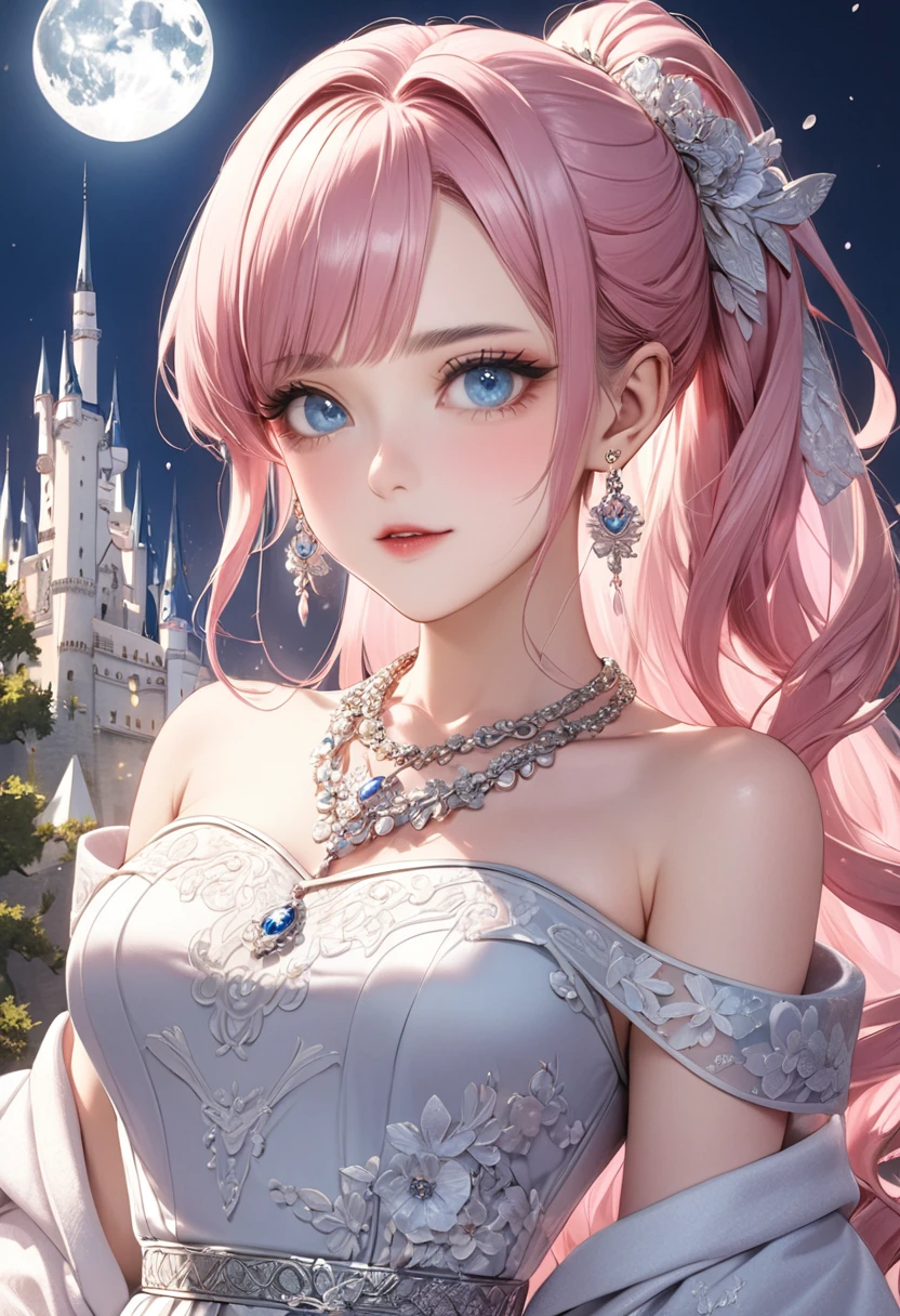 1 female Pink ponytail Pink eyebrows Dull light blue eyes Socialite debut Ivory long dress with silver embroidery Inside the castle full moon hair ornaments Gorgeous necklace with matching earrings Silver waist