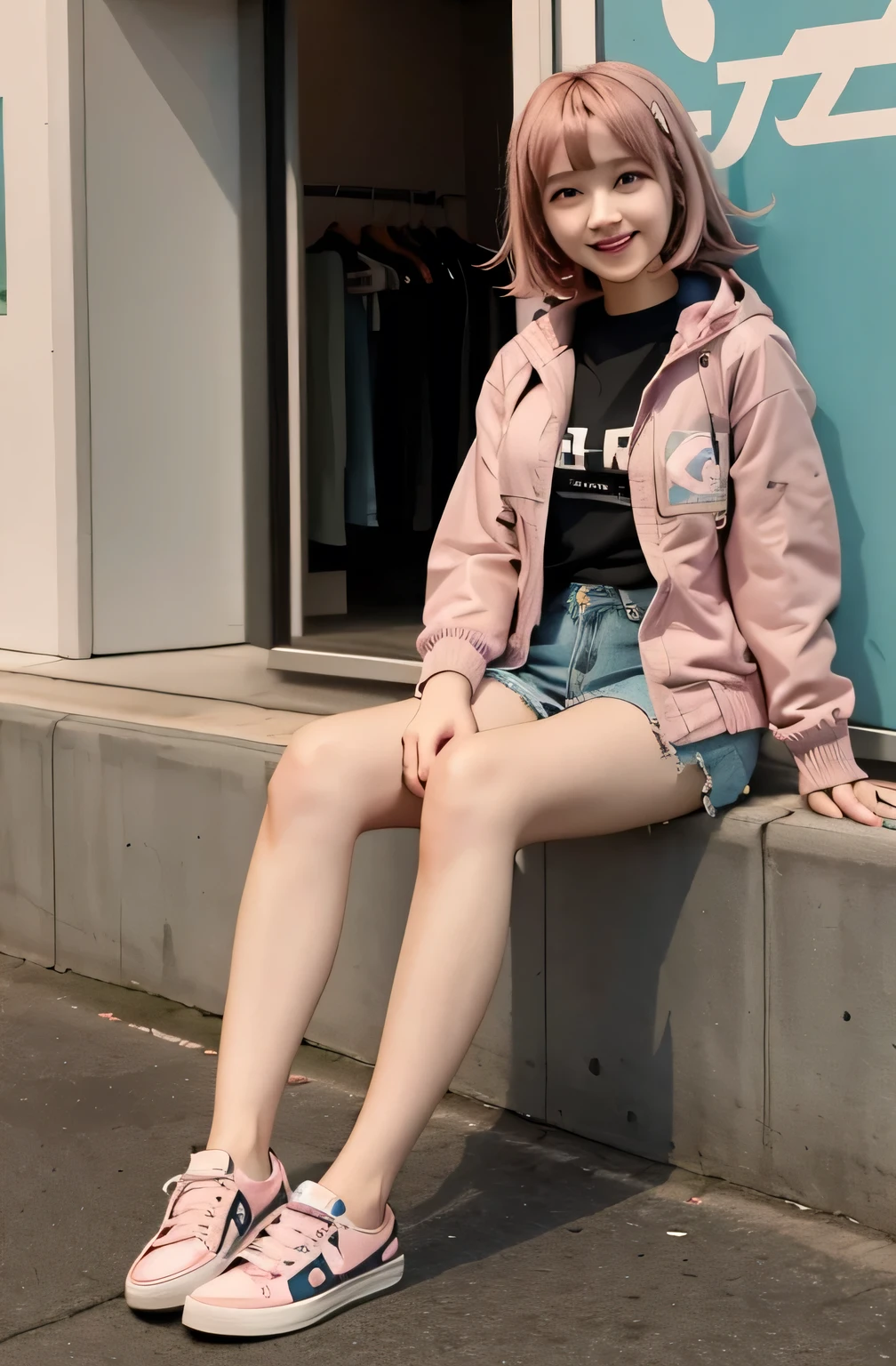 Chiaki Nanami in casual clothes at the shopping mall, Pink Short Hair, Pink Eyes, fringe, Teal hooded jacket, smile、Looking into the camera, 20-year-old girl, , Olive green blouse, Skinny jeans、sneakers、,chiaki nanami, Nanami Chiaki