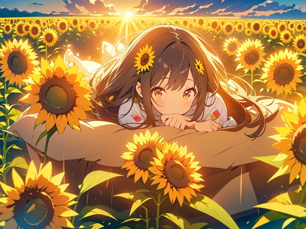 kawaii, anime, Cute, hyper quality, highly detailed, 8k, Clarity, Draw facial expressions in detail, dark brown long hair girl, sunflower, sunflower field, lie down, close both eyes, Good night, gentle sunlight, The wind blows through, Sunflower petals are dancing, Landscape, 	
