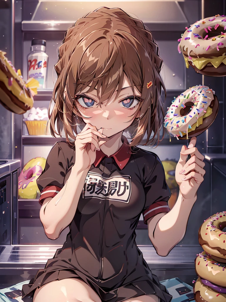 Haibara Ai, (Eating Donuts), (Dining background), cute, Beauty, Eyes are hearts, (masterpiece), highest quality, 1girl, uhd, retina, masterpiece, ccurate, anatomically correct, textured skin, super detail, high details, high quality, best quality, highres, 4K