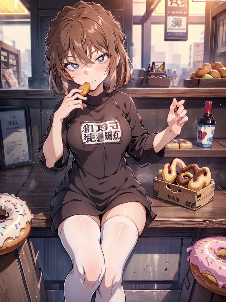 Haibara Ai, (Eating Donuts), (Dining background), cute, Beauty, Eyes are hearts, (masterpiece), highest quality, 1girl, uhd, retina, masterpiece, ccurate, anatomically correct, textured skin, super detail, high details, high quality, best quality, highres, 4K