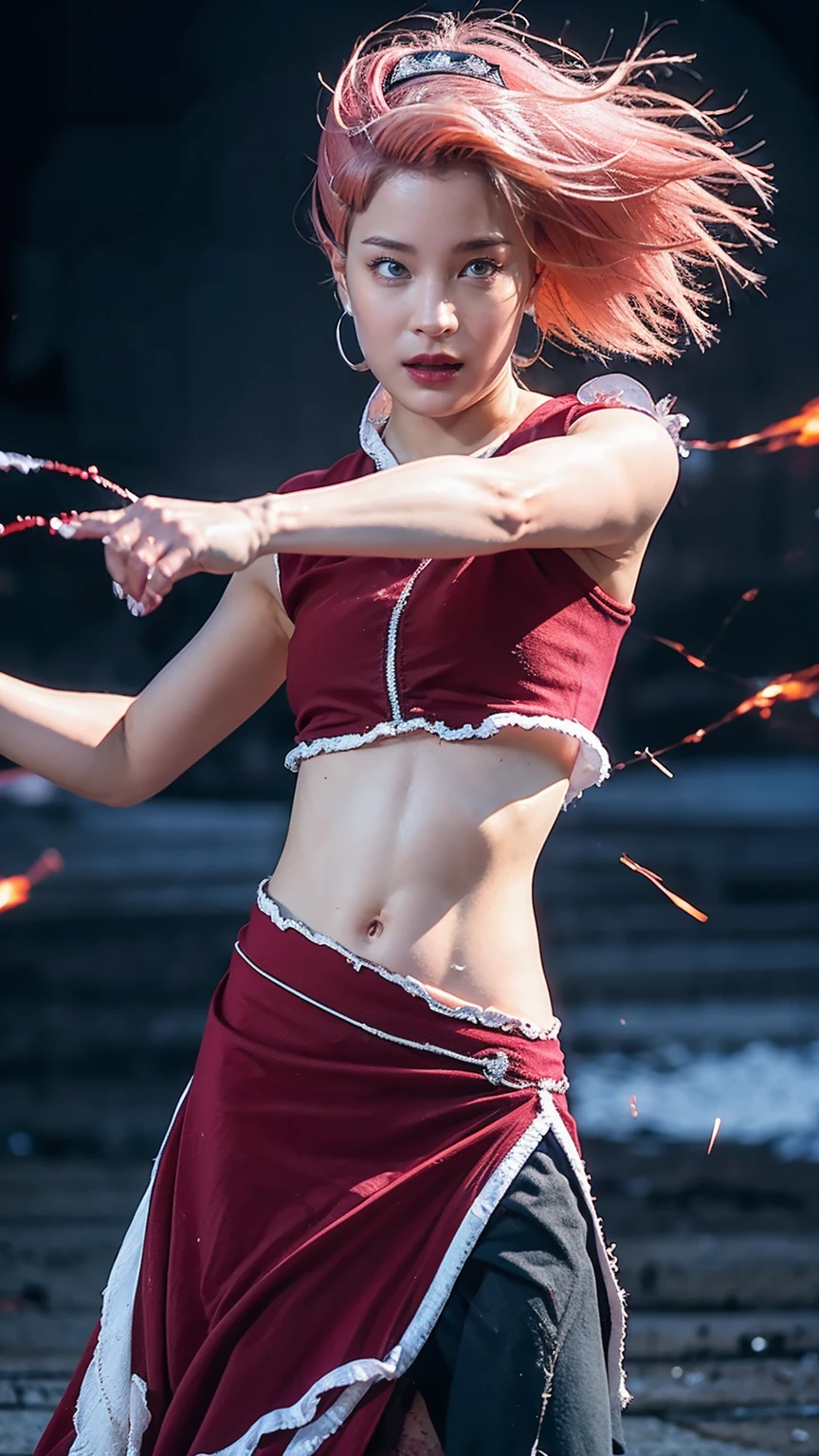 Moisturized skin,Realistic body,(Adult female body),Energetic,(16 years old),(Girl),,Crop top,,Collarbone,Earrings,
BREAK,
Bright red lipstick,(Beautiful navel),(Pink hair),Beautiful hair,Short hair,
BREAK,
((Masterpiece+Top quality+High resolution+Very detailed)), (Full body:1.2),Symmetrical,One shot,
BREAK,
(Wind blowing),(Covered in blue electricity),(Battle stance:1.4),
BREAK,
Assassination,,Fantastic,Dynamism,Very tight leggings,((In the middle of a war, Battle stance),((Fires everywhere, Bloody, Death is everywhere, Corpses, Corpses, Burned down Japanese castle,Hellish,Chaos),