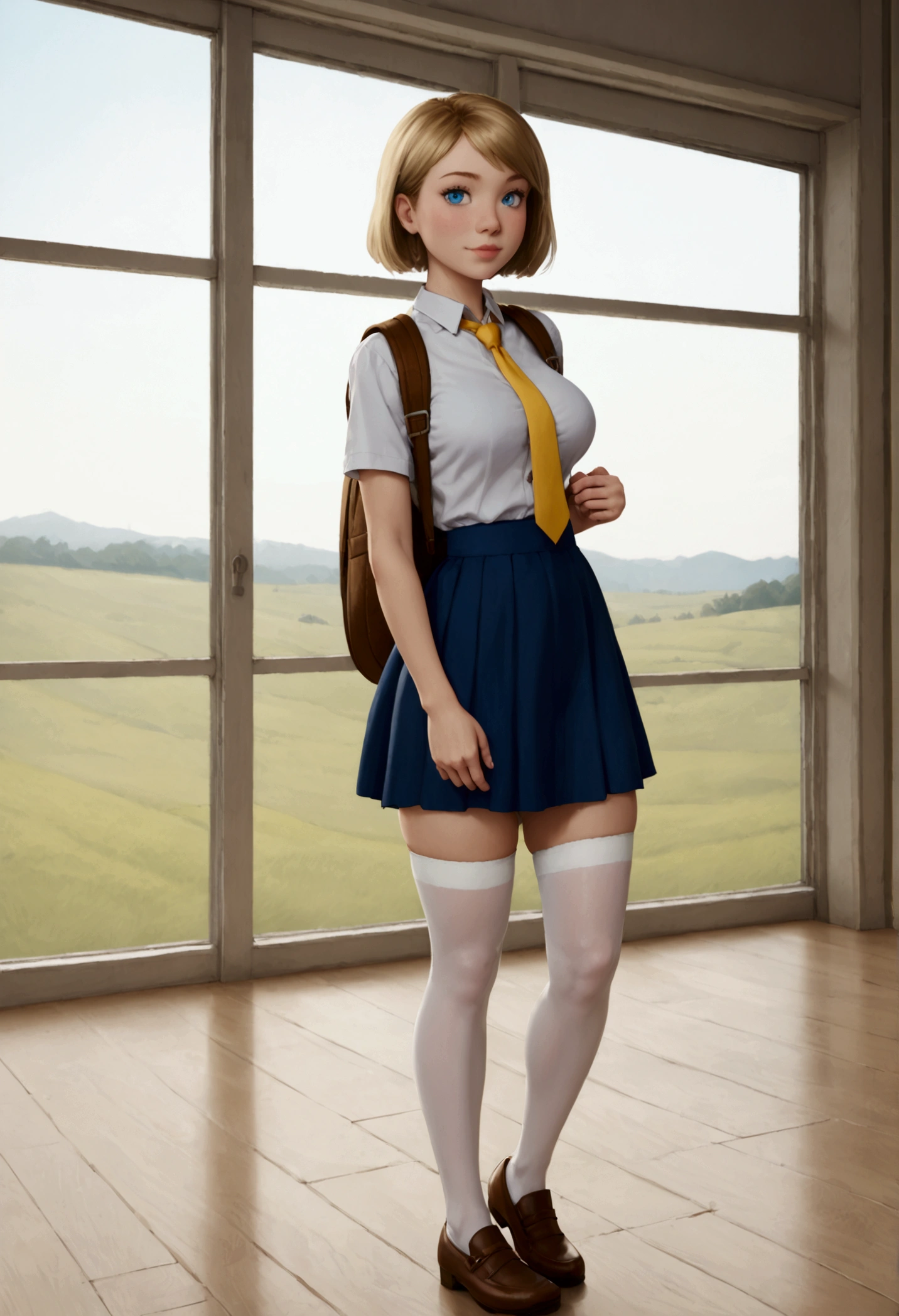 A stunning, intricate full-color portrait in Ultra-HD, 12 year old girl, detailed face, Short blonde hair, blue eyes, She will be wearing a  with a white shirt with buttons, a short yellow tie and a very small short wide skirt that you can see her white underwear., but the skirt will be wide, short and made of fabric , He will be wearing long white stockings and it will be placed on each of his legs up to the height of his buttocks., very giant breasts, sensual and very sexy body, very thin waist, very large hips that appear full body, epic character composition, albi albi, nina masic, sharp focus, natural lighting, Subsoil Dispersion, F2, 35mm, landscape: He will be outside a school and will have a brown backpack hanging on his shoulders. 