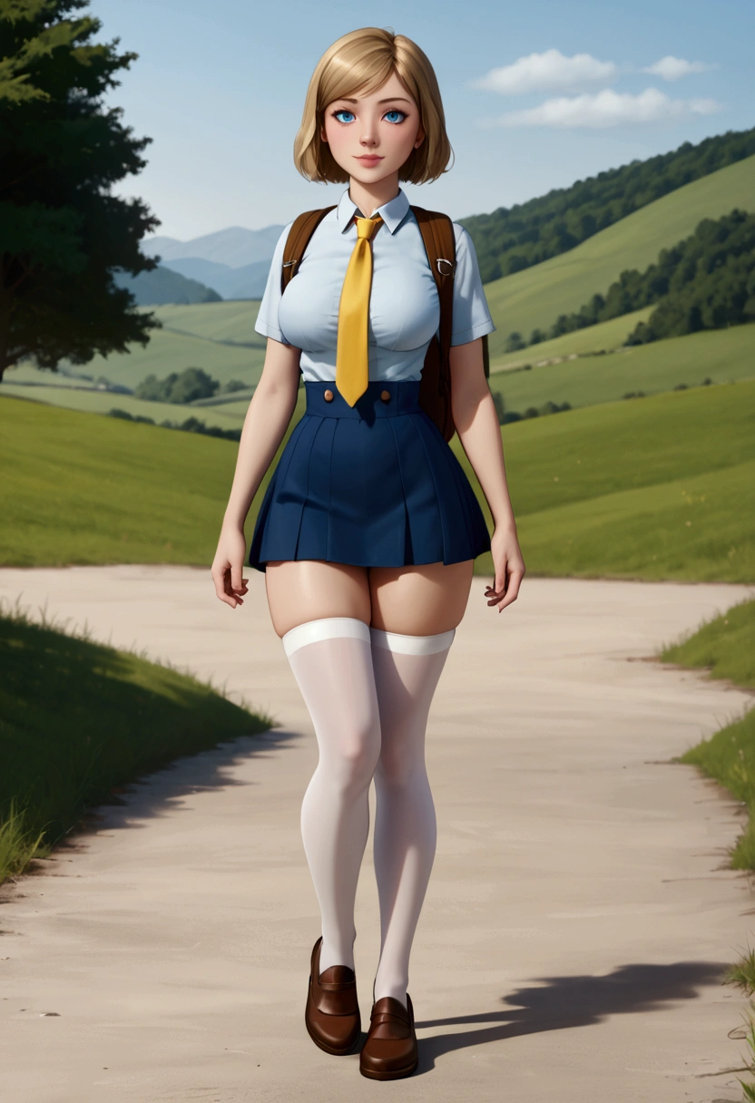 A stunning, intricate full-color portrait in Ultra-HD, 12 year old girl, detailed face, Short blonde hair, blue eyes, She will be wearing a  with a white shirt with buttons, a short yellow tie and a very small short wide skirt that you can see her white underwear., but the skirt will be wide, short and made of fabric , He will be wearing long white stockings and it will be placed on each of his legs up to the height of his buttocks., very giant breasts, sensual and very sexy body, very thin waist, very large hips that appear full body, epic character composition, albi albi, nina masic, sharp focus, natural lighting, Subsoil Dispersion, F2, 35mm, landscape: He will be outside a school and will have a brown backpack hanging on his shoulders. 