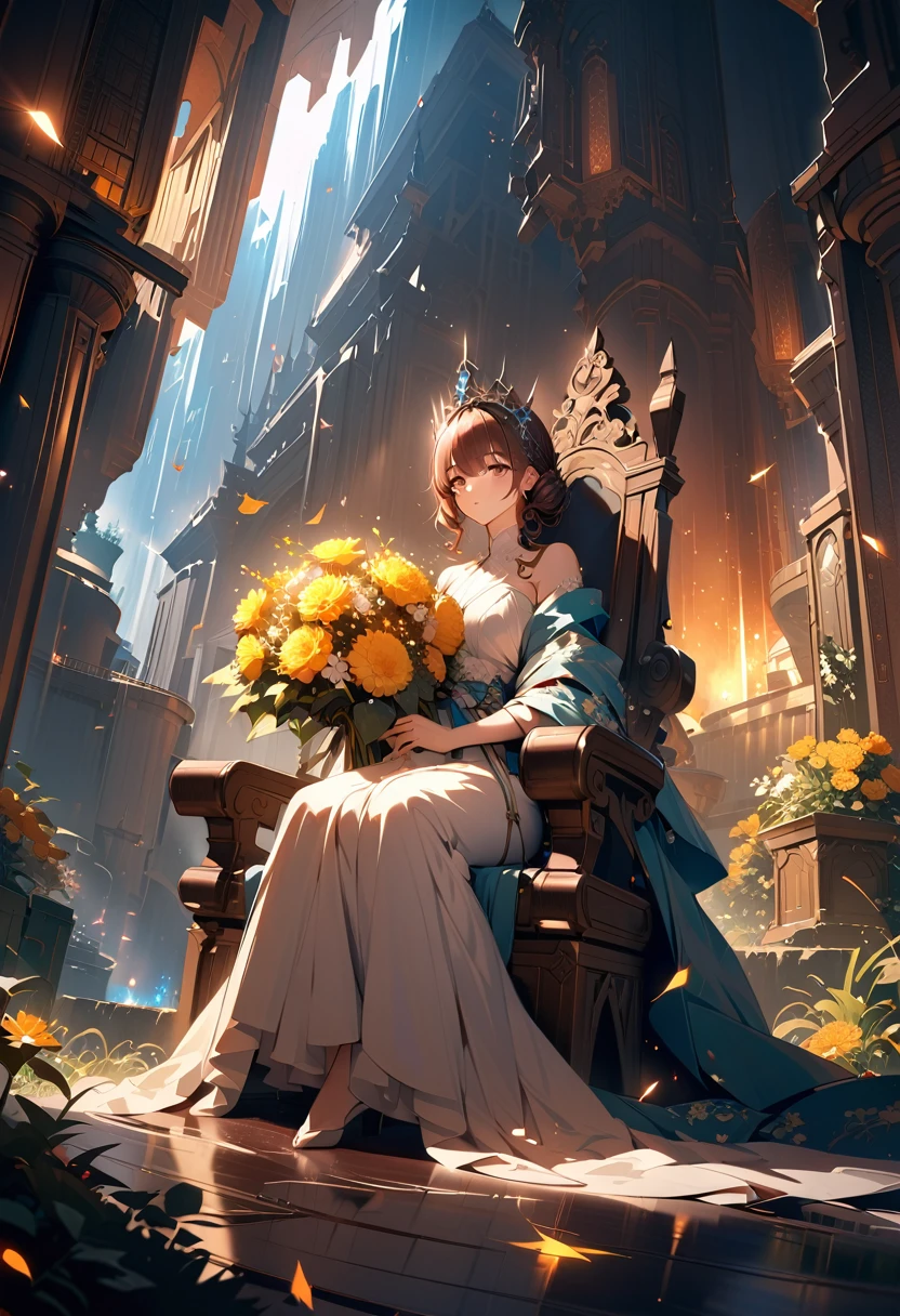 Fullbody 128k Bluray Extreme UHD 4K High quality anime image . My attention is drawn to an incredibly beautiful woman with long, curly brown hair that falls like waterfalls, full lips and dark eyes. Her presence radiates elegance and charm, her features perfectly highlighted by the ambient glow. Sitting on a gothic throne, an incredibly beautiful woman catches my eye. Her presence radiates elegance and charm, her features perfectly highlighted by the ambient glow. She wears an elegant gothic crown, immersed in sadness, adding a personal and intimate touch to the scene." Rendered in stunning 4K and UHD resolution using Octane Render CGI technology, everything comes to life in a mesmerizing 16K masterpiece, with an aura fascinating and high level of detail, anime fantasy illustration with tears in her dark eyes, beautiful fantasy portrait, beautiful anime woman with brown hair, 4K, UHD, Ultra HD 4K image, extremely fascinating ethereal light, intricate details , extremely detailed, incredibly detailed.holding a bouquet of Japanese yellow chrysanthemums.