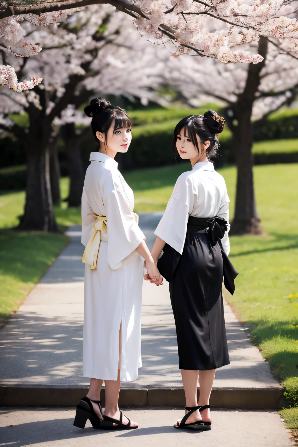 ((masterpiece,best quality)),2girls, black kimono, black legwear, black ribbon, black hair, cherry blossoms, day, flower, hair bun, hair ribbon, japanese clothes, kimono, long hair, looking at viewer, looking back, multiple girls, obi, outdoors, red eyes, red hair, ribbon, sandals, single hair bun, stairs, standing, statue, torii, tree, white kimono, yellow eyes