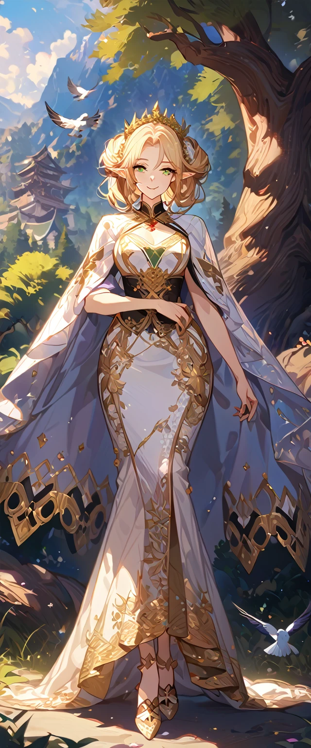 masterpiece, best quality, 8k ,4k , 1girl, elf queen, blond reddish hair, green eyes, big chest, gold wreath crown, hair ornament, finely detailed eyes and detailed face, looking at viewer, white sleeveless, Lace dress, patterned clothes, gold embroidery clothes, meticulous clothes, mature clothes, transparent cape with lace, majestic looks, smiling gently, small bird, full body, big tree background, inspired by Asukaziye artist : ask, art style : ask