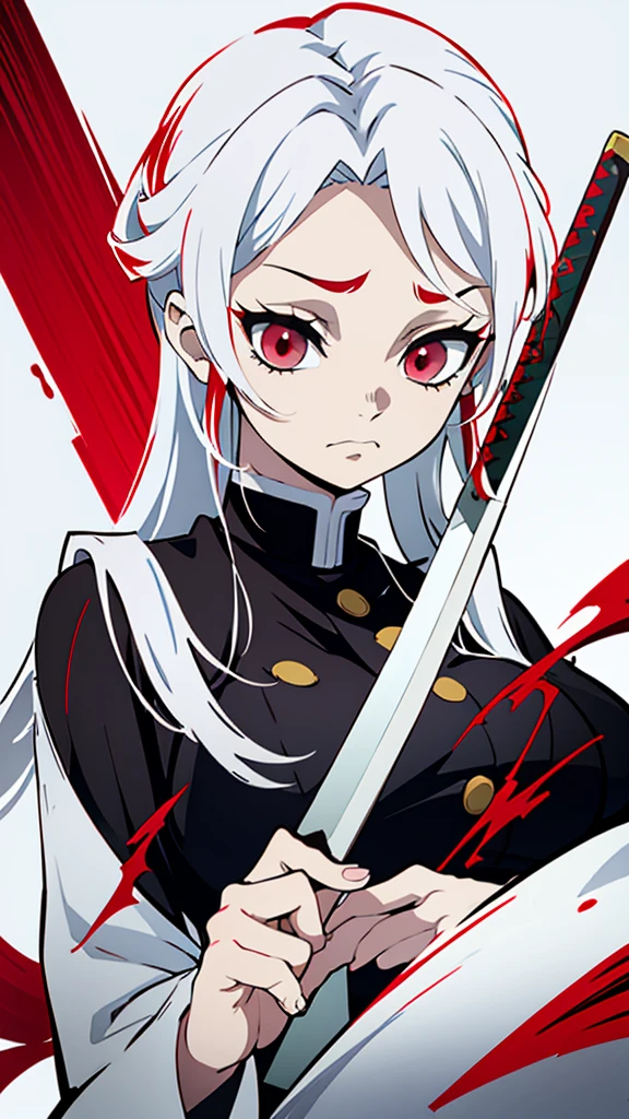 Kimetsu no Yaiba style, 1 mature, girl, red eyes, a hashira, pretty, white hair with red tips, red and white ombre hair, stylized hair, long hair, annoyed expression, noble, Pillar Demon Slayer, holding a sword, wearing black demon slayer uniform, black clothing, holding a red katana, large breasts, big breasts
