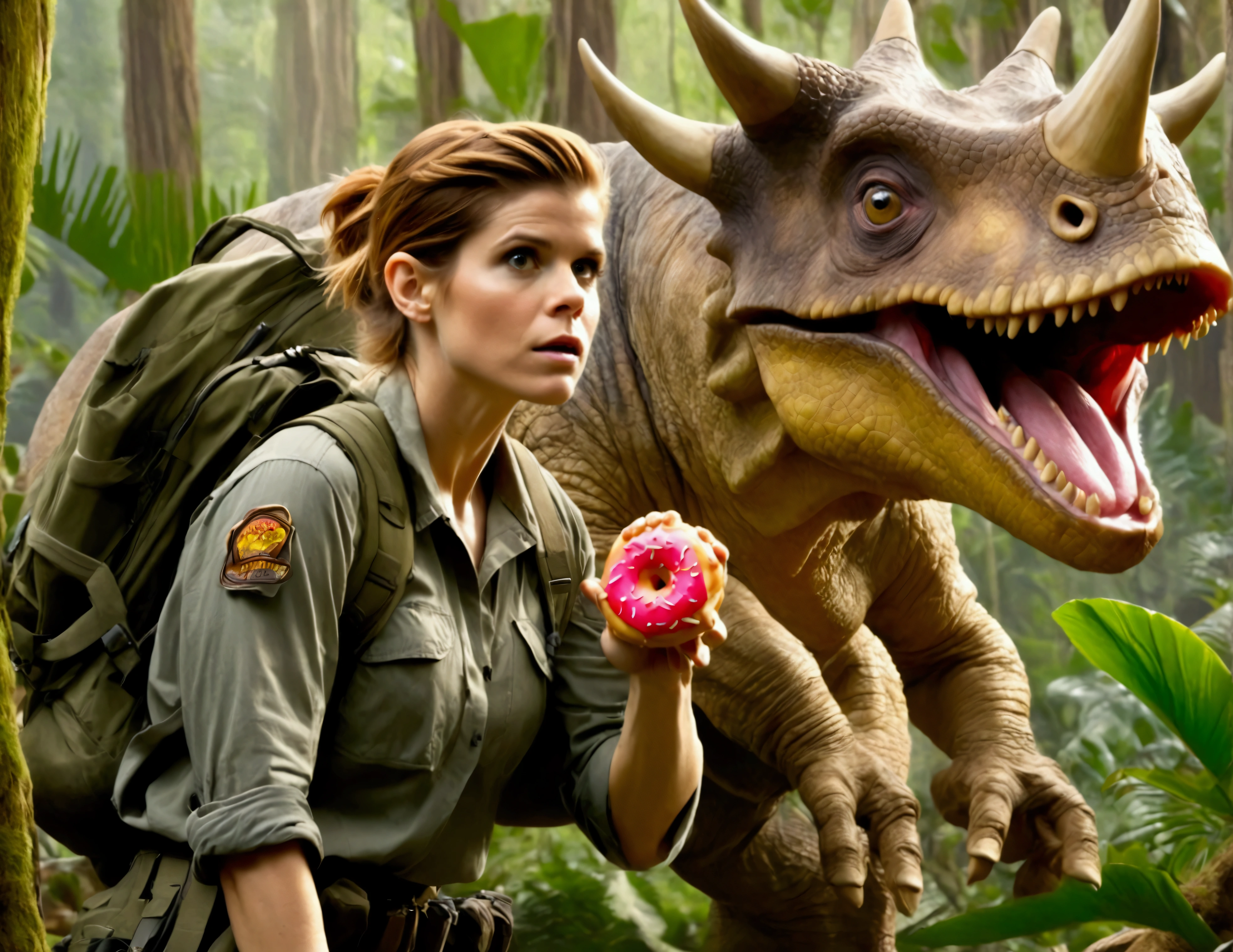 Kate Mara, age 25, rifle in hand, dressed in jungle adventure gear, is stalking a wild Donut triceratops in the forest
