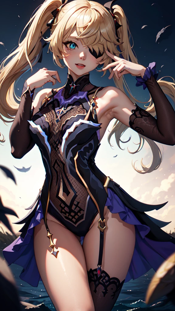 Young blonde girl, black eye patch, twin large ponytails, 
BREAK (masterpiece:1.2), best quality, high resolution, unity 8k wallpaper, (illustration:0.8), (beautiful detailed eyes:1.6), extremely detailed face, perfect lighting, extremely detailed CG, (perfect hands, perfect anatomy), joyful, laughing, Happy, thigh corset with deep lace neckline, portrait (3:4), posing. In darkness next to a scary castle.