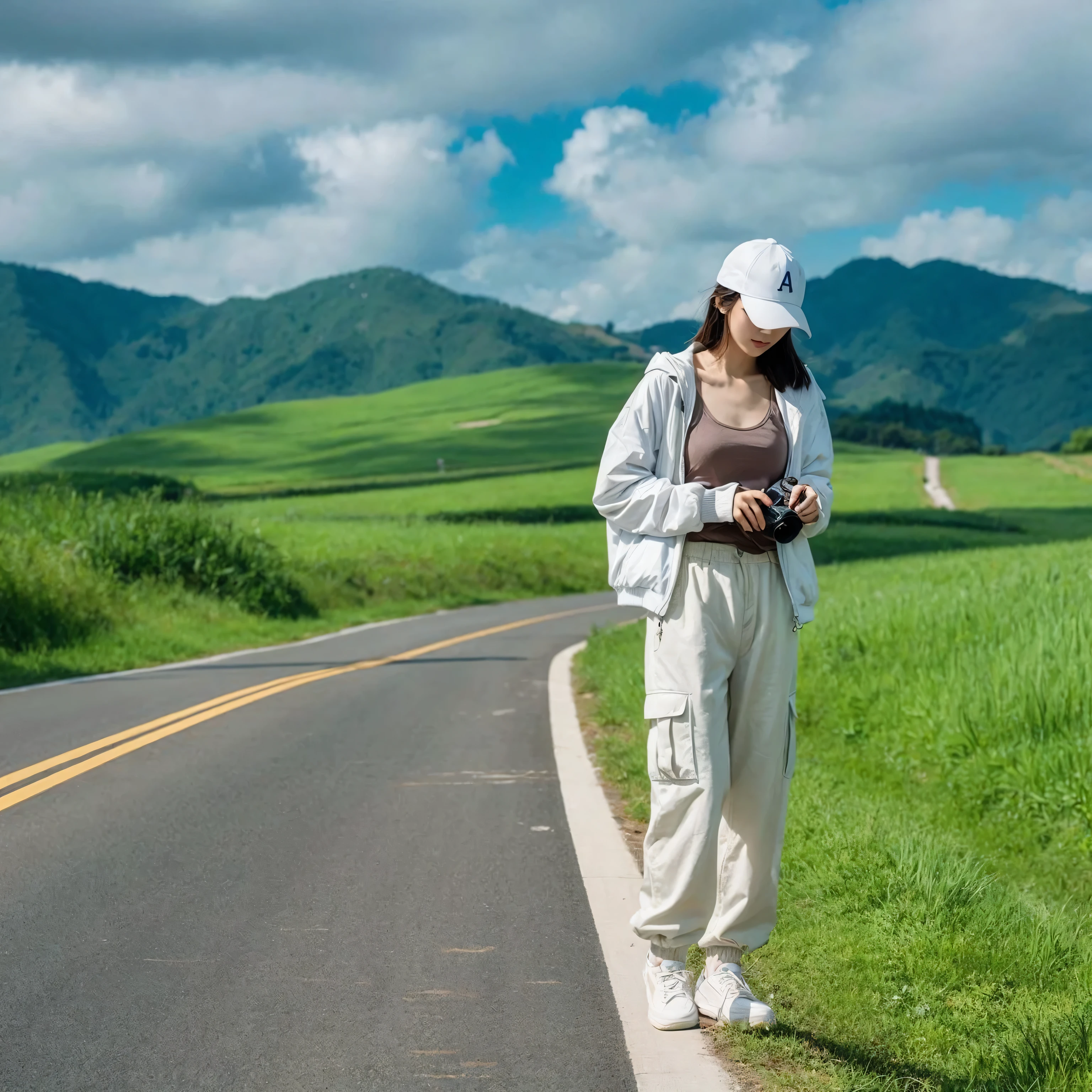 A serene photo of a young Korean woman standing on the edge of a pristine rural road, immersed in the beauty of lush green fields and rolling hills. The partly cloudy sky adds depth to the picturesque scene. The woman dons a white jacket, brown tank top, beige cargo pants, and white sneakers, emanating an adventurous spirit. A white cap bearing the letter "A" shields her eyes as she holds a camera, showcasing her passion for photography. The vibrant green grass and distant hills create a tranquil and inviting atmosphere, perfect for capturing the essence of nature's beauty.