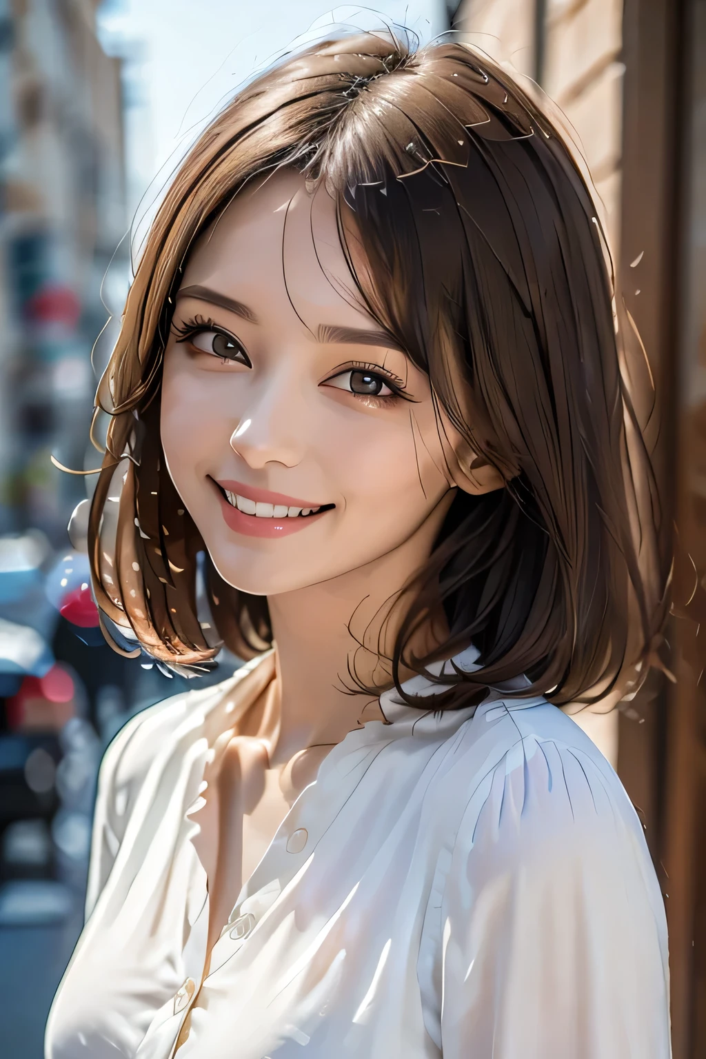 ((masterpiece)), ((Highest quality)), ((Complex)), ((Surreal)), (Realistic), (Mature Woman), ((There are no classes)), Very detailed, (1 female), Beautiful and exquisite, (Beautiful Teeth), Grin, Brunette bob hair, Brown eyes, ((blouse)), (Upper Body), (background:none), Perfect Eyes, Captivating eyes, Looking at the audience